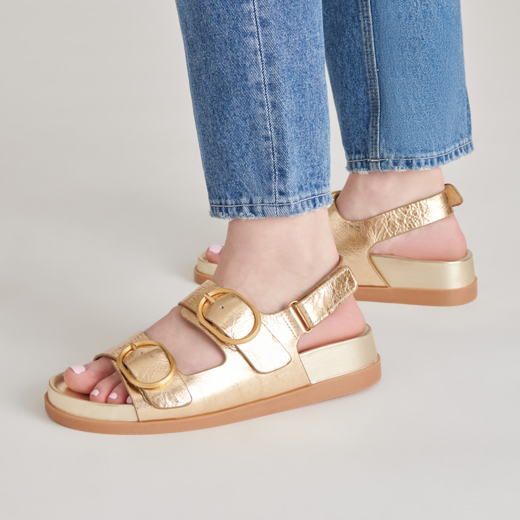 STARLA Women's Gold Distressed Leather Sandals - Comfortable & Stylish for Summer, Beach, and Casual Outings