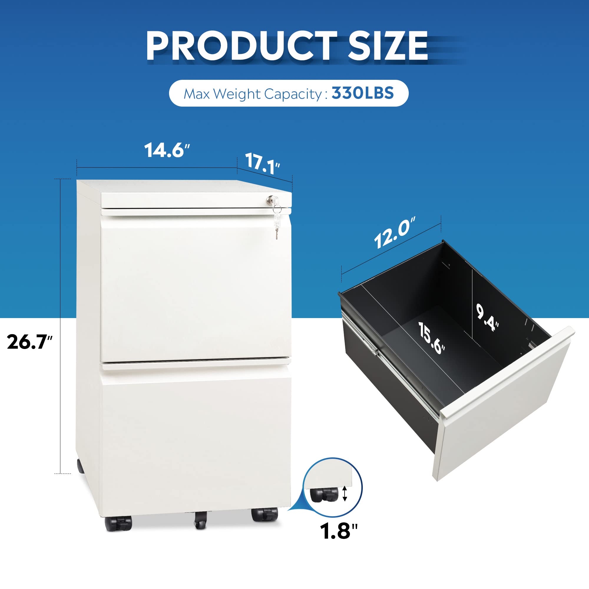 DEVAISE 2-Drawer Locking Mobile File Cabinet - Commercial Vertical Office Storage Cabinet in White - Perfect for Office, Home, or School Organization