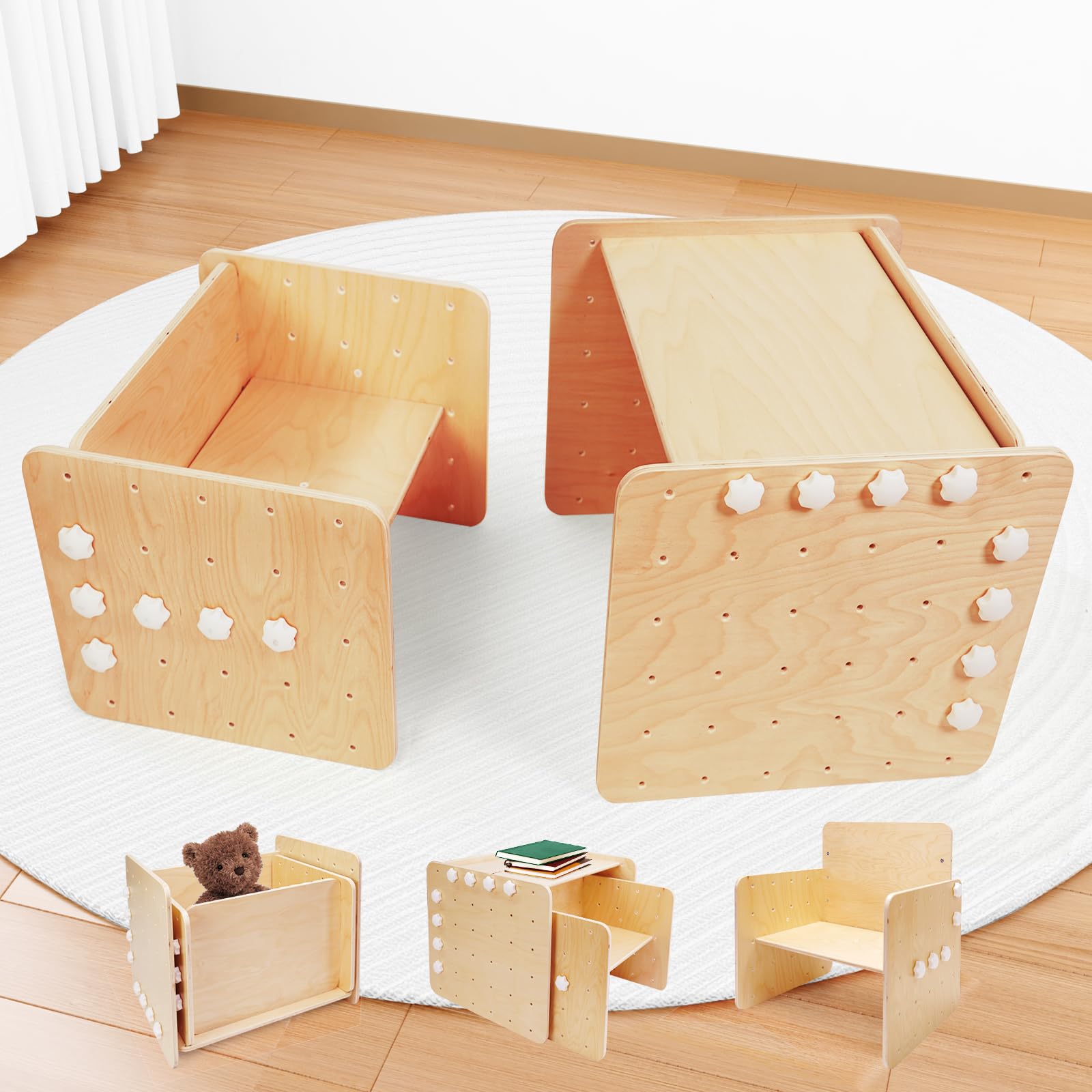 WOOD CITY Montessori Weaning Table and Chair Set (19.7 Inch) - Adjustable Height Solid Hardwood Toddler Desk for Reading, Snacking & Learning Activities | Kids Step Stool & Activity Cube | Montessori Furniture for Children Ages 3-6 | Perfect for Homeschooling, Playrooms & Daycare Centers