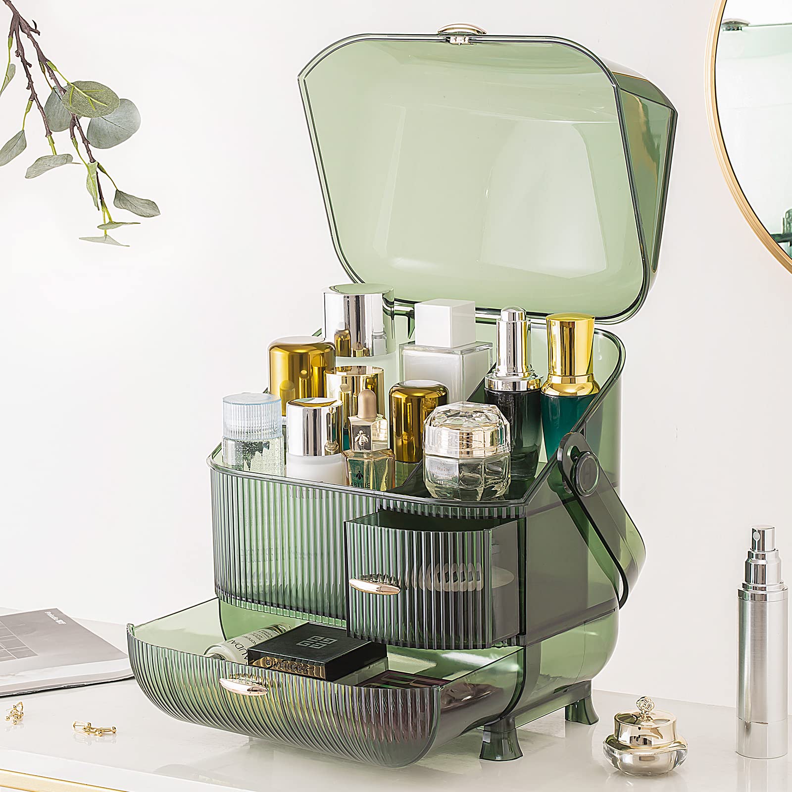 CANITORON Large Makeup Organizer with Brush Storage - Cosmetic & Skincare Display Case for Dresser, Counter, Bathroom - Perfect for Vanity Organization & Travel (T1-Ngreen)