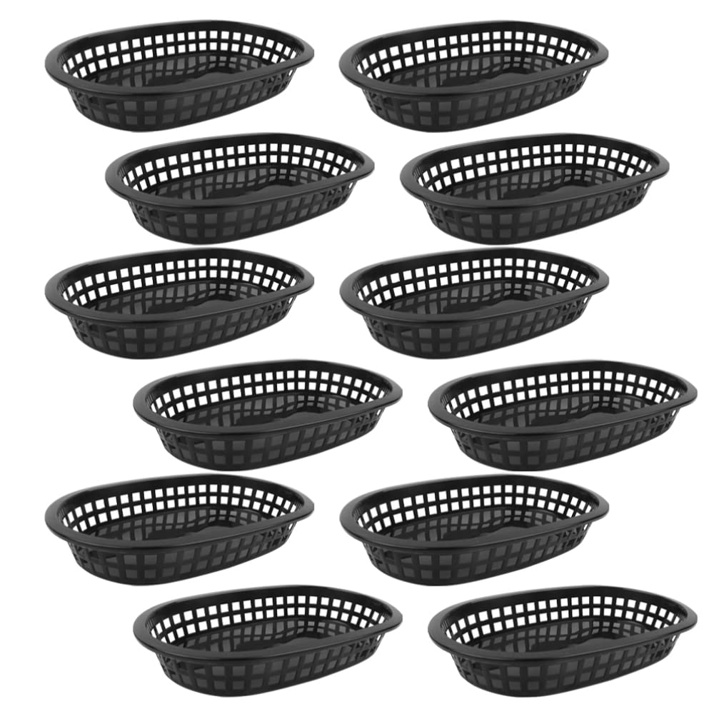 Zerodeko 12-Pack Small Plastic Storage Baskets - Food Serving Trays for Fries, Burgers, Snacks, Fruits & Bread | Durable Black Decorative Kitchen Organizer for Parties, Picnics & Home Use