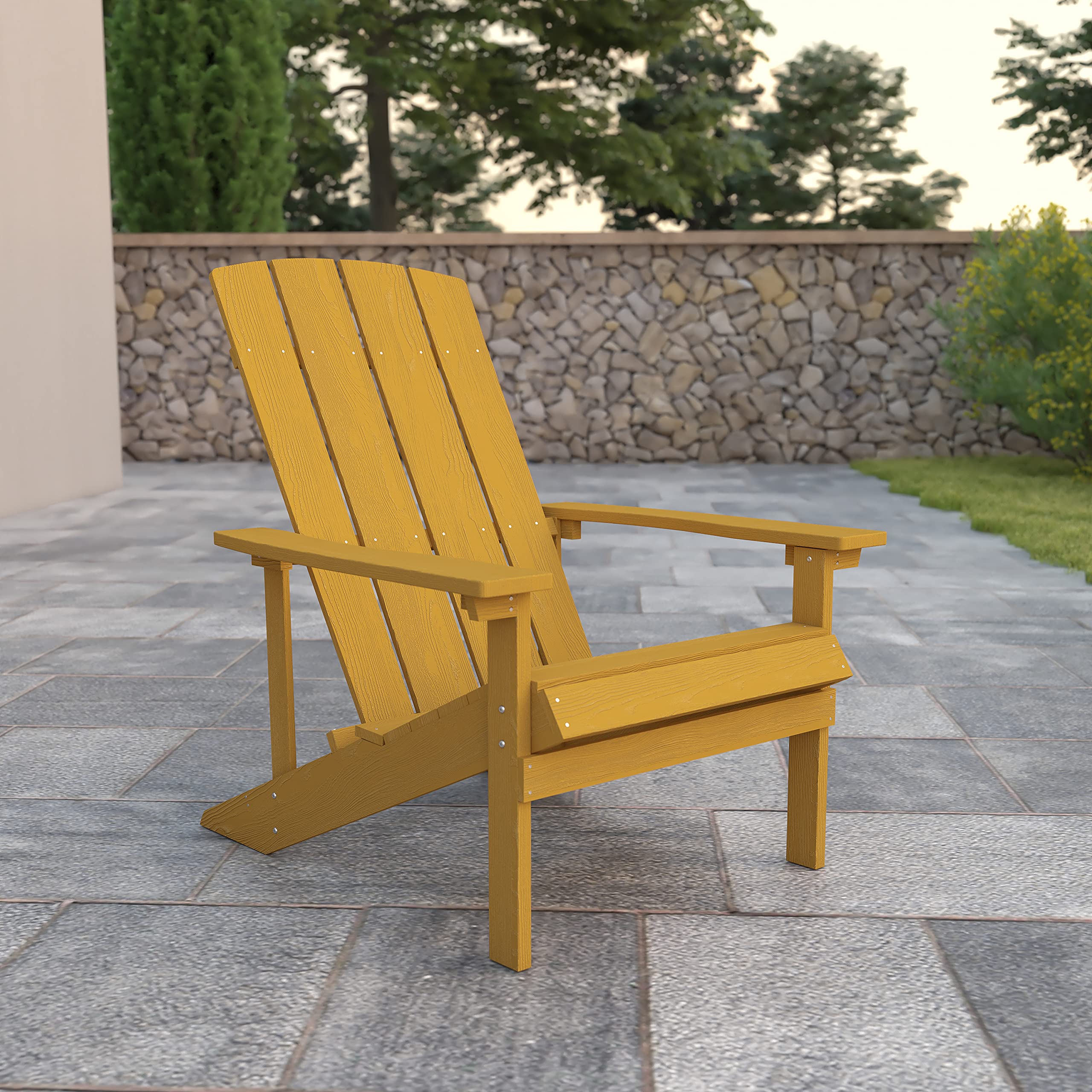 EMMA + OLIVER Outdoor Yellow All-Weather Poly Resin Wood Adirondack Chair - Patio, Garden, Poolside & Backyard Relaxation Furniture