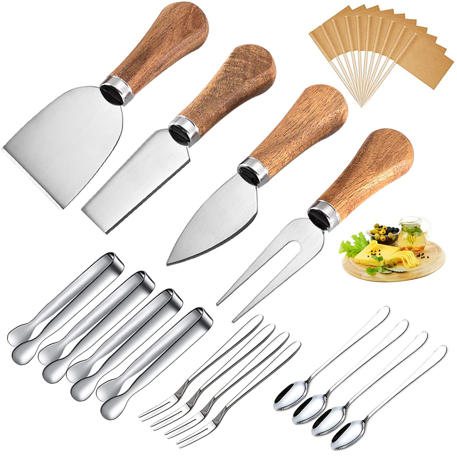4-Piece Stainless Steel Cheese Knife Set with Wooden Handles - Cheese Spreaders, Butter Knife & Mini Serving Tongs - Perfect for Charcuterie Boards, Party Platters, Wedding Receptions & Christmas Gatherings