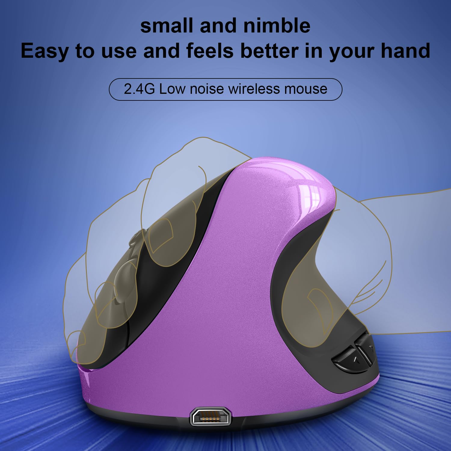 Ergonomic Vertical Wireless Mouse for Right Hand - 2.4GHz USB, 6 Buttons, Adjustable DPI 800/1200/1600 - Comfortable Small Mouse for PC, Laptop, Mac (Purple) - Perfect for Office Work, Gaming & Long Computer Sessions