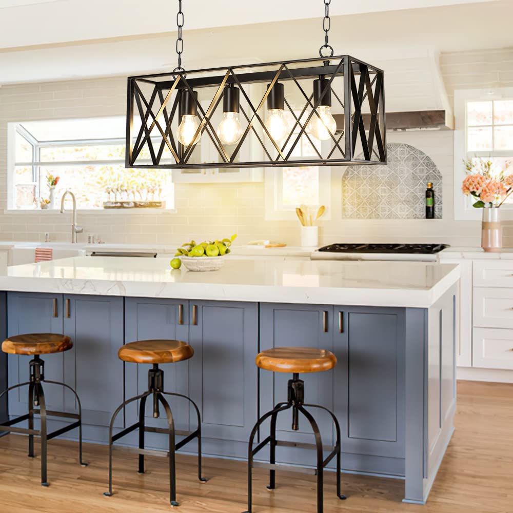 Depuley 4-Light Farmhouse Kitchen Island Pendant Lighting - Industrial Black Chandelier with Metal Frame for Dining Room, Living Room & Restaurant | E26 Bulbs Included | Perfect for Rustic Home Decor & Commercial Spaces