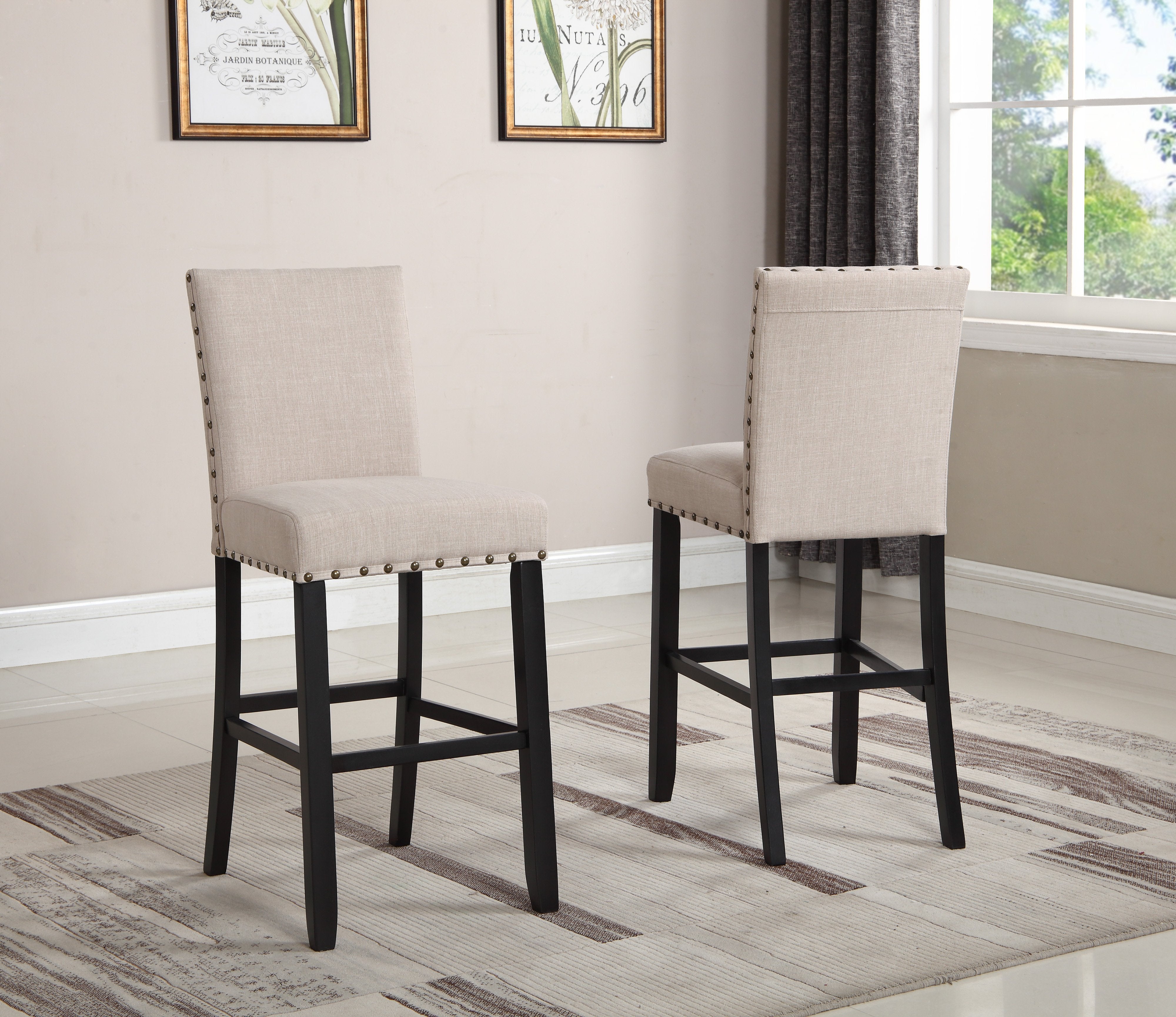 Roundhill Furniture Biony Fabric Bar Stools with Nailhead Trim, Set of 2, Tan - Perfect for Kitchen Islands, Breakfast Bars & Home Decor