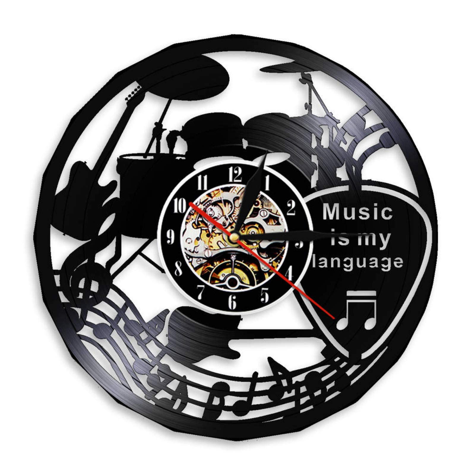Music Band Guitar Drums Vinyl Record Wall Clock - Music is My Language Decor for Music Lovers, No LED - Perfect for Home, Studio & Theater Decorations