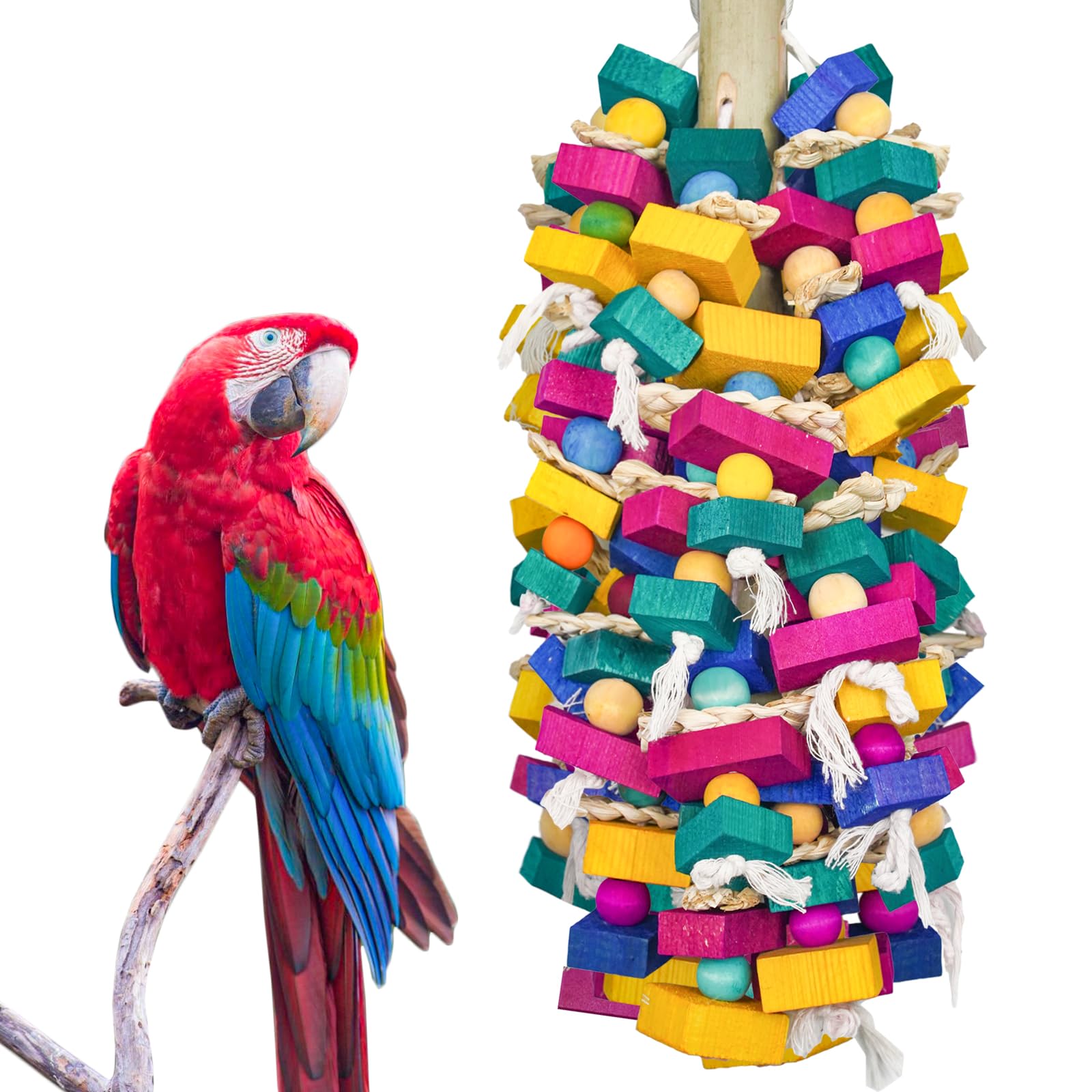 **Colorful Large Parrot Chewing Toys for Macaws, Cockatoos & African Greys - Natural Wooden Bird Cage Toy for Medium to Large Birds - Perfect for Playtime & Mental Stimulation**