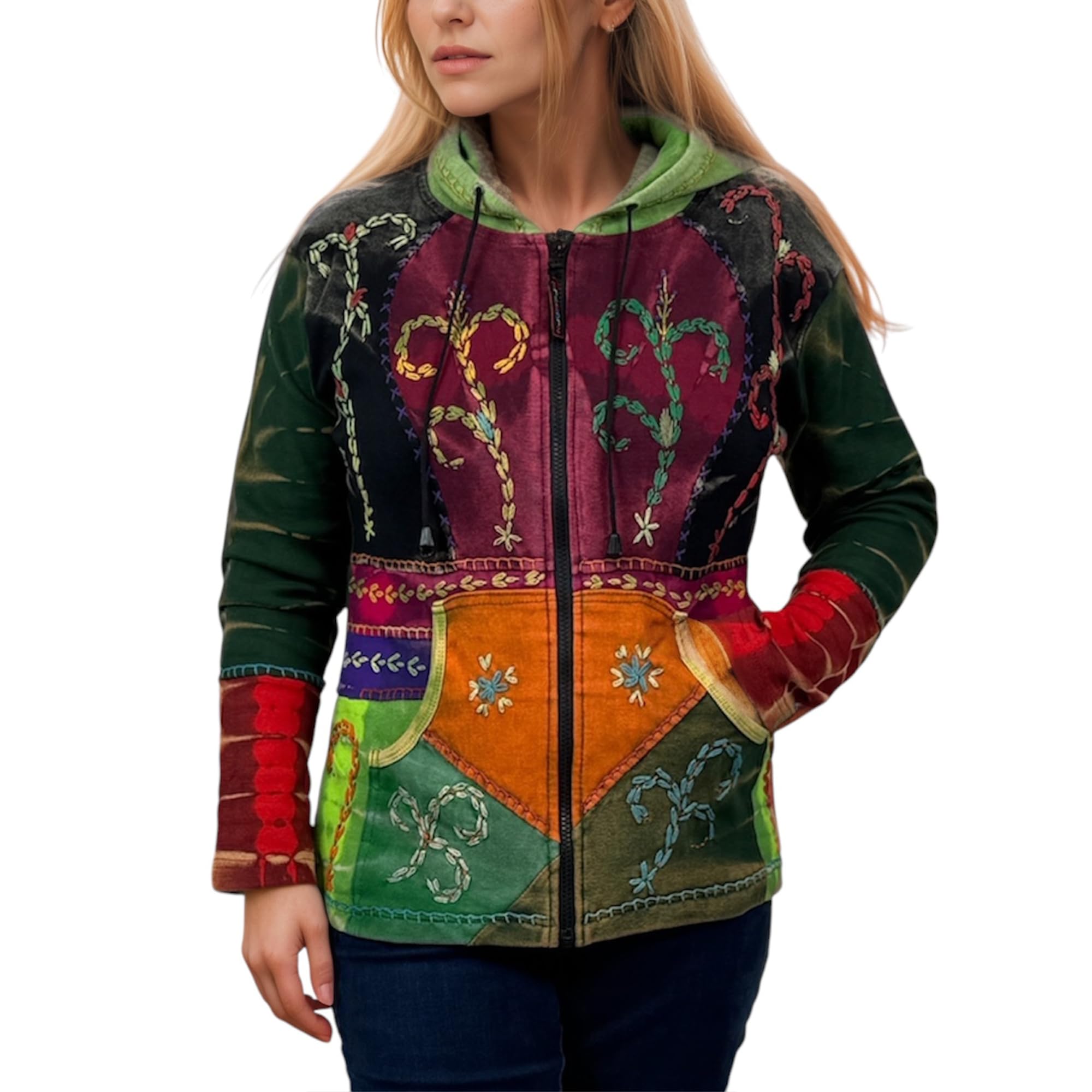 Agan Traders Women's 2025 Spring Boho Rib Knit Patch Tie-Dye Hoodie Sweatshirt Jacket - Stylish Casual Wear for Spring Outings, Music Festivals & Street Fashion