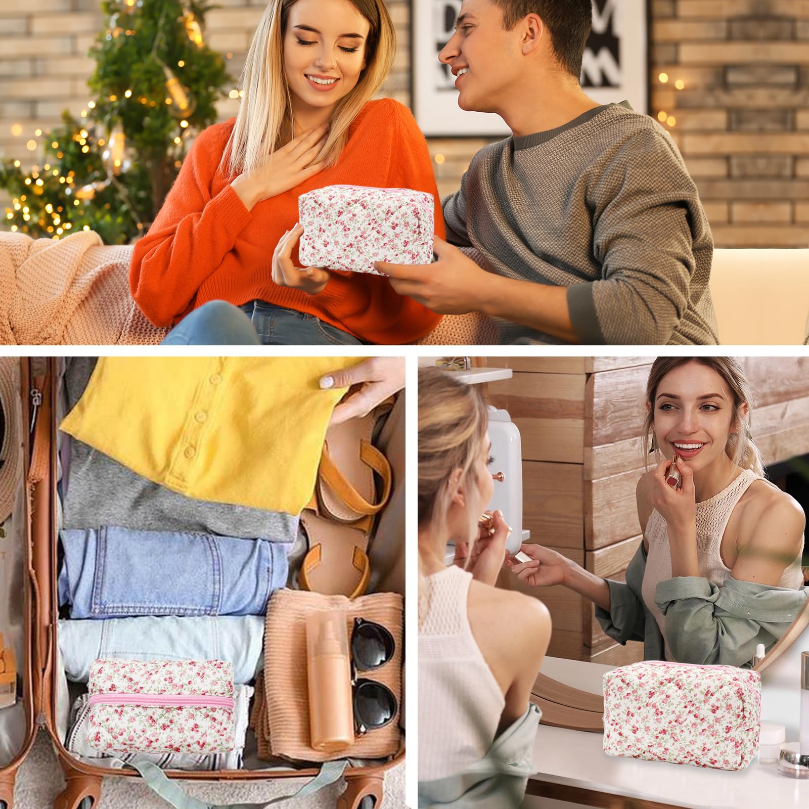 Quilted Cotton Makeup Bag for Women - Floral Cosmetic Pouch, Travel Toiletry Organizer with Zipper, Cute & Portable Storage (Red) | Perfect for Travel, Gym, and Everyday Use