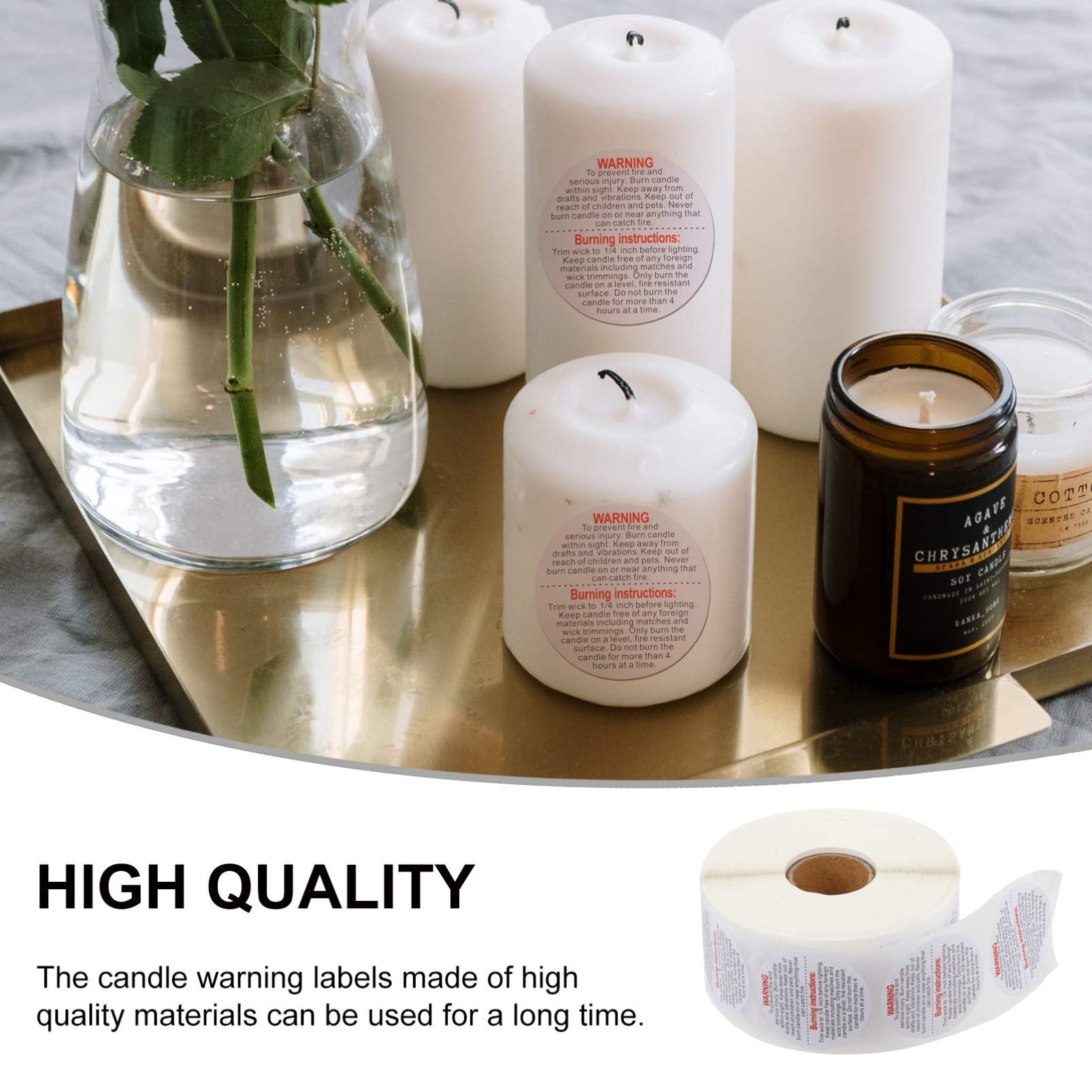 Candle Warning Stickers - Self-Adhesive PVC Round Labels for Candle Jars, Music Boxes & Camera Candles - Burning Instruction Safety Labels - Perfect for DIY Crafts, Wedding Favors & Home Decor