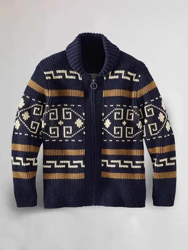 Men's Jacquard Lapel Cardigan Sweater - Stylish Knit Pullover for Casual Wear & Office Outfits