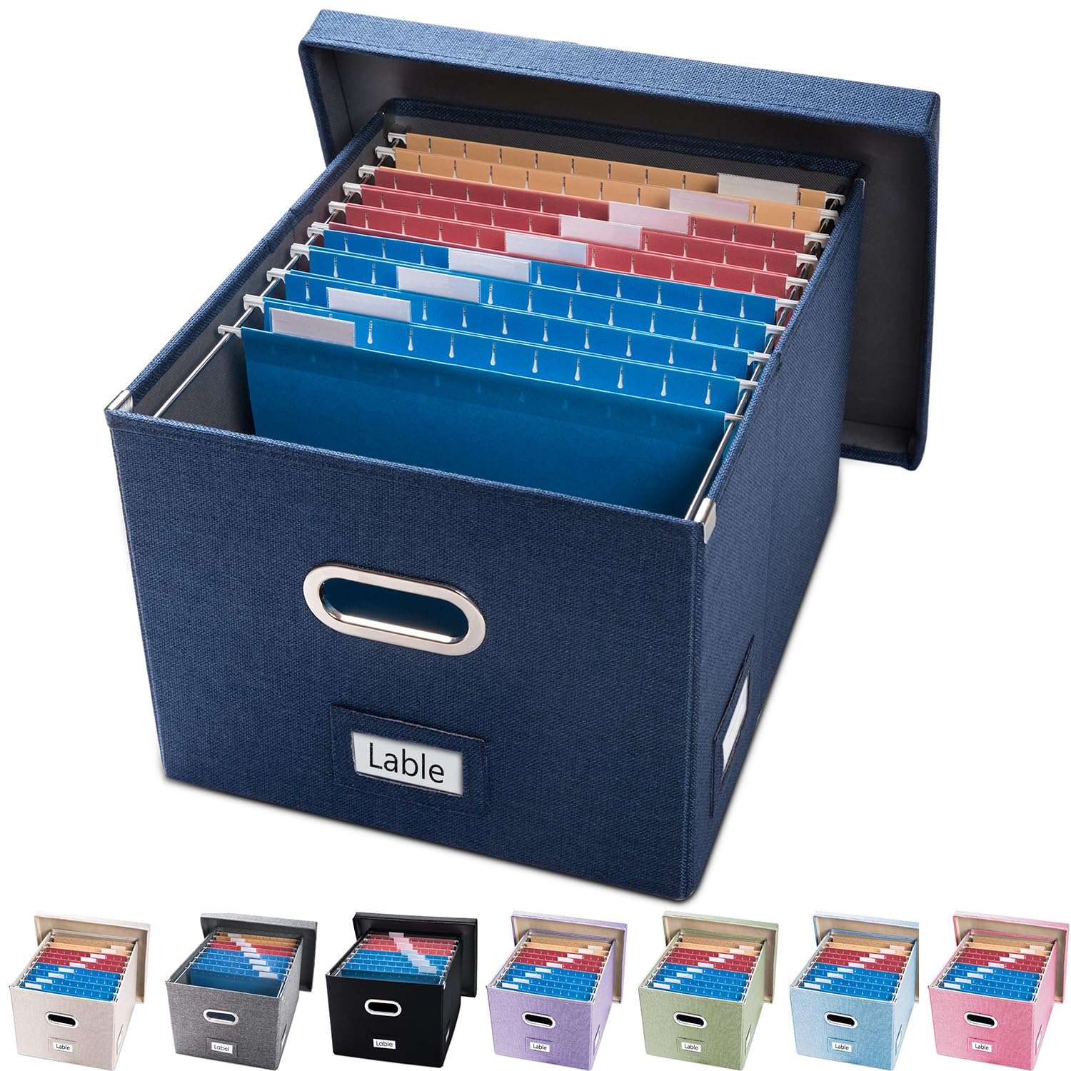 PRANDOM Collapsible File Organizer Box Set - 1 Decorative Linen Storage Box with Lid for Office Cabinet, Letter/Legal Size Hanging File Folders, Navy Blue (17x14x11.2 Inch) - Perfect for Home Office Organization and Document Storage