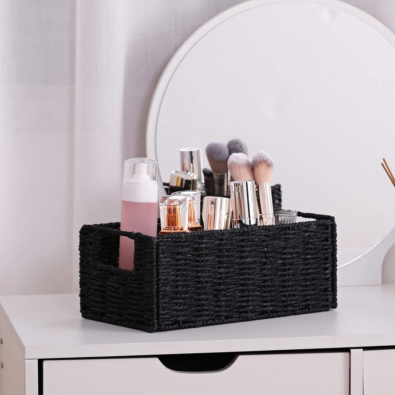 Vagusicc 2-Pack Woven Paper Rope Storage Baskets - Foldable Cube Organizer Bins for Shelves, Bathroom, Bedroom & Living Room - Perfect for Toilet Paper, Towels, Toys & Home Decor (Black)