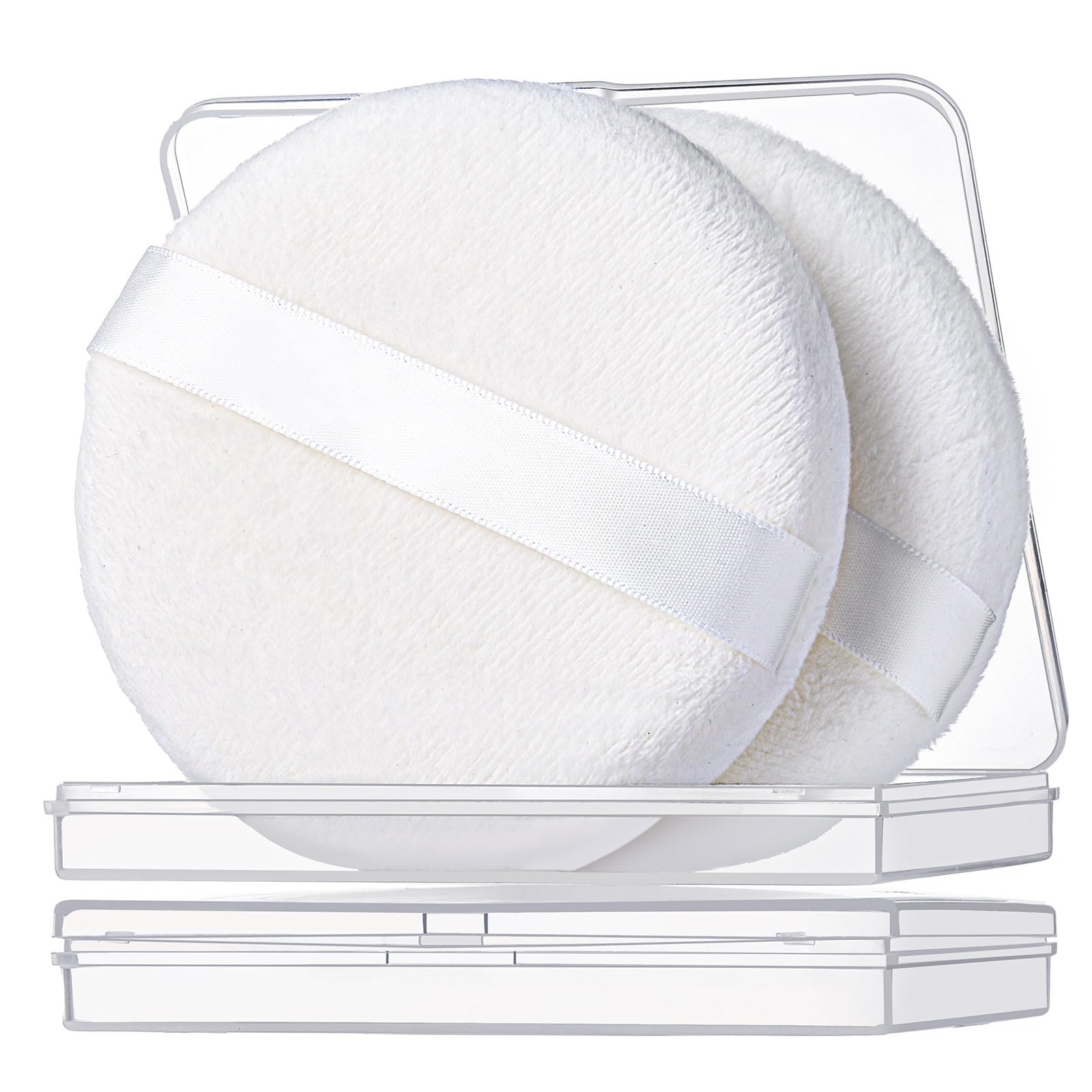 Teenitor 2-Pack Medium Body Powder Puffs (3.54 Inch) - Soft Velour Makeup Sponge for Loose Powder Application - Perfect for Setting Powder, Baby Powder & Body Powder - Includes Storage Container (White)