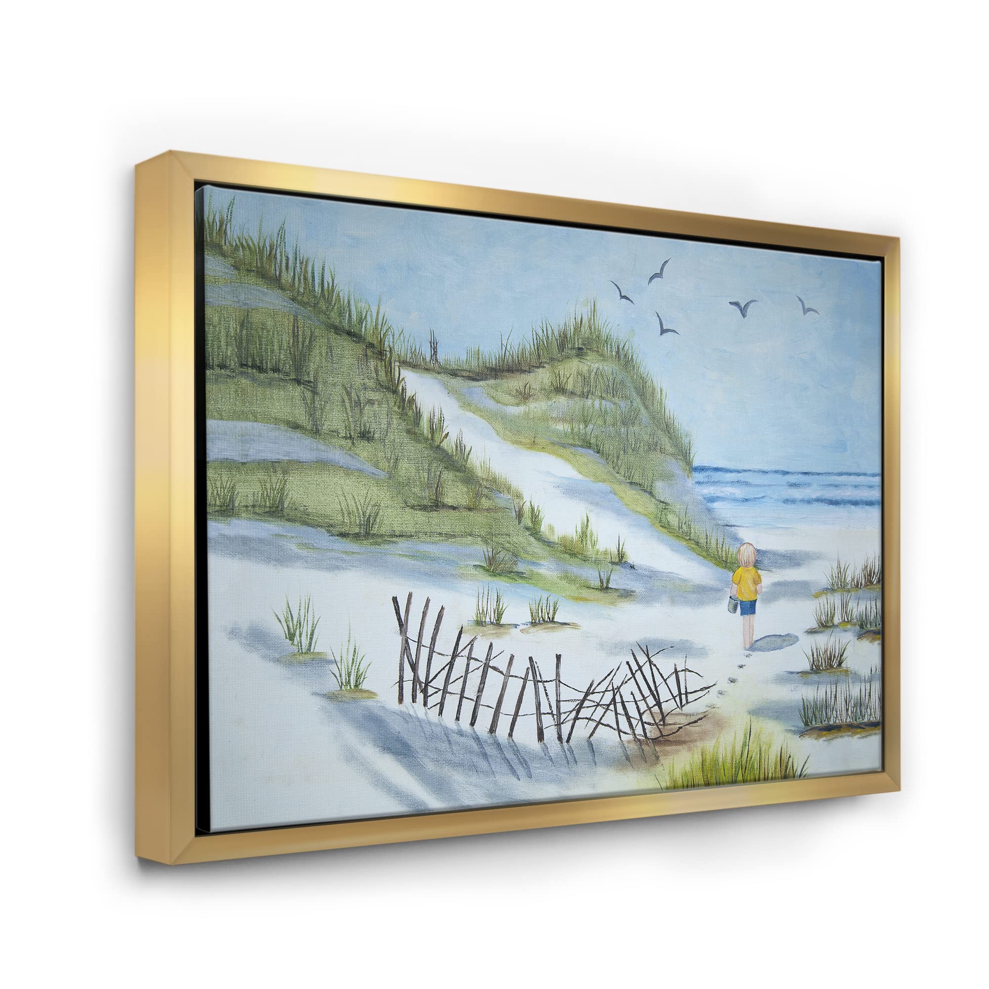 DesignQ Nautical & Coastal Framed Canvas Wall Art Print - Beach Walking Child Painting for Nursery, Kids Room & Coastal Home Decor