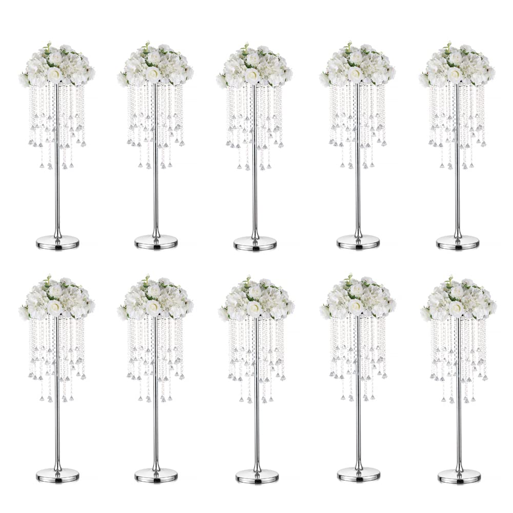 10-Pack Silver Metal Wedding Centerpiece Vases with Chandelier Crystals - 35.5 Inch Tall Table Decor for Wedding Receptions, Birthday Parties & Special Events | Elegant Floral Stands for Banquet Halls, Bridal Showers & Anniversary Celebrations