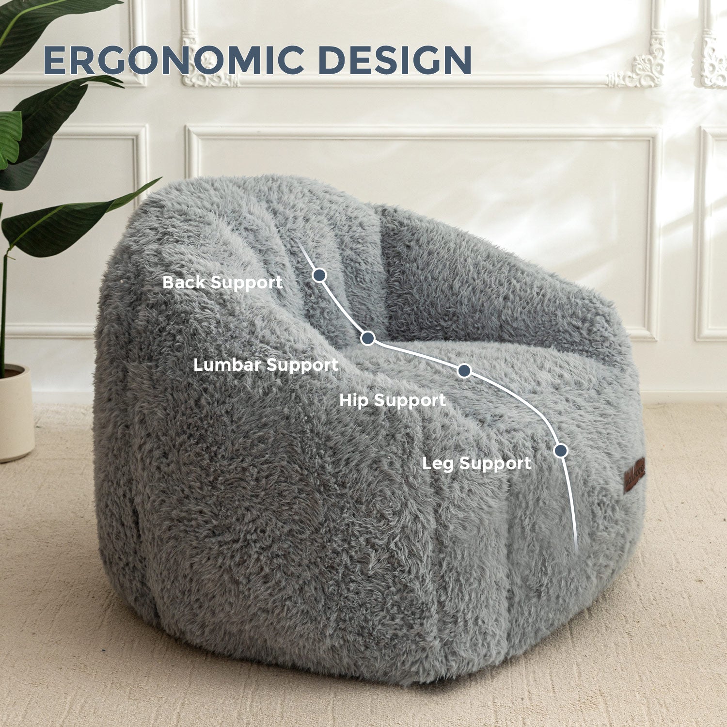 MAXYOYO Giant Bean Bag Chair - Fluffy Shaggy Floor Sofa with Shell Design for Ultimate Comfort, Grey - Perfect for Living Room, Bedroom, Game Room & Dorm Relaxation