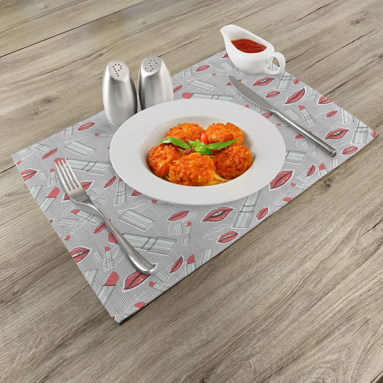 Ambesonne Hipster Place Mats Set of 4 - Fashion Girl Cosmetic Design with Lips & Lipstick Pattern, Washable Fabric Dining Table Mats, Standard Size (Red/Grey) - Perfect for Coffee Shops, Bistro Tables & Beauty Salon Decor
