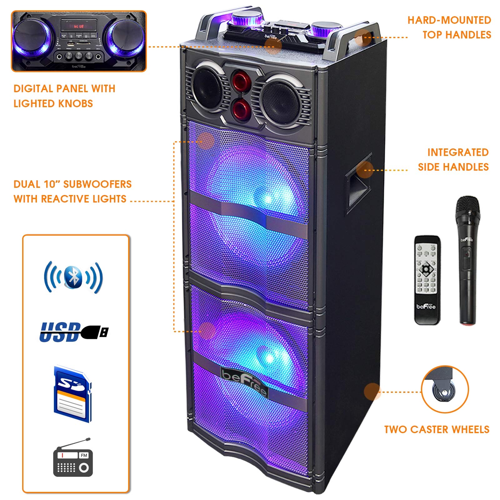 beFree Sound Double 10 Inch Subwoofer - Portable Bluetooth Party Speaker with Reactive LED Lights | Powerful Bass for Outdoor Events, Home Theater & DJ Performances
