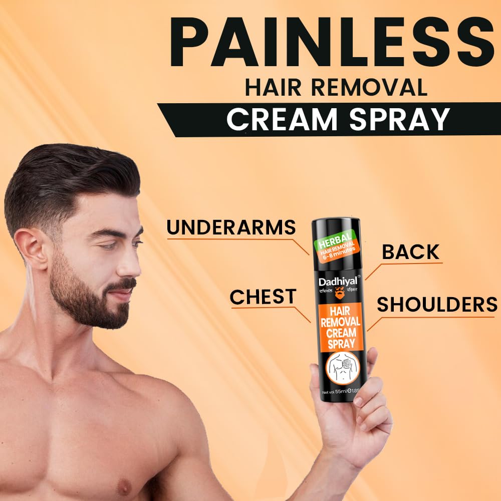 Dadhiyal Hair Removal Cream Spray - Painless & Irritation-Free Depilatory Spray for Chest, Underarms & Legs (55ml) | Quick & Easy Hair Removal at Home for Smooth Skin