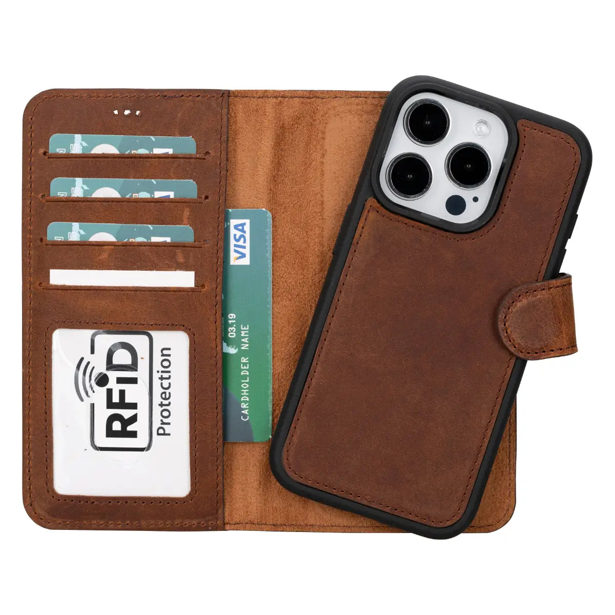 Distressed Brown Leather Wallet Case for iPhone 15 Pro - Slim RFID Blocking Phone Cover with Card Holder | Perfect for Travel, Work & Everyday Use