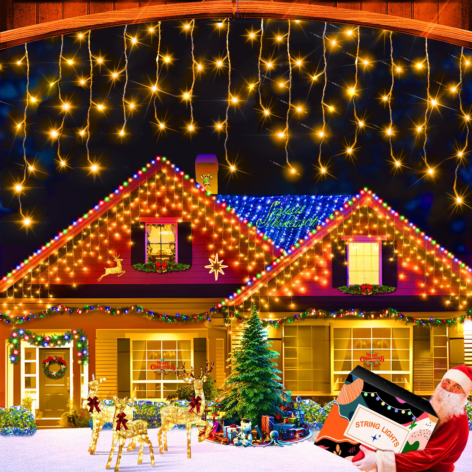 XURISEN 132ft Outdoor Christmas Lights with 1280 LED, 8 Lighting Modes & 240 Waterproof Drop Lights - Timer Memory Function for Holiday, Wedding, Party Decor (Warm White) | Perfect for Indoor/Outdoor Christmas Tree, Garden, Patio, and Home Decoration