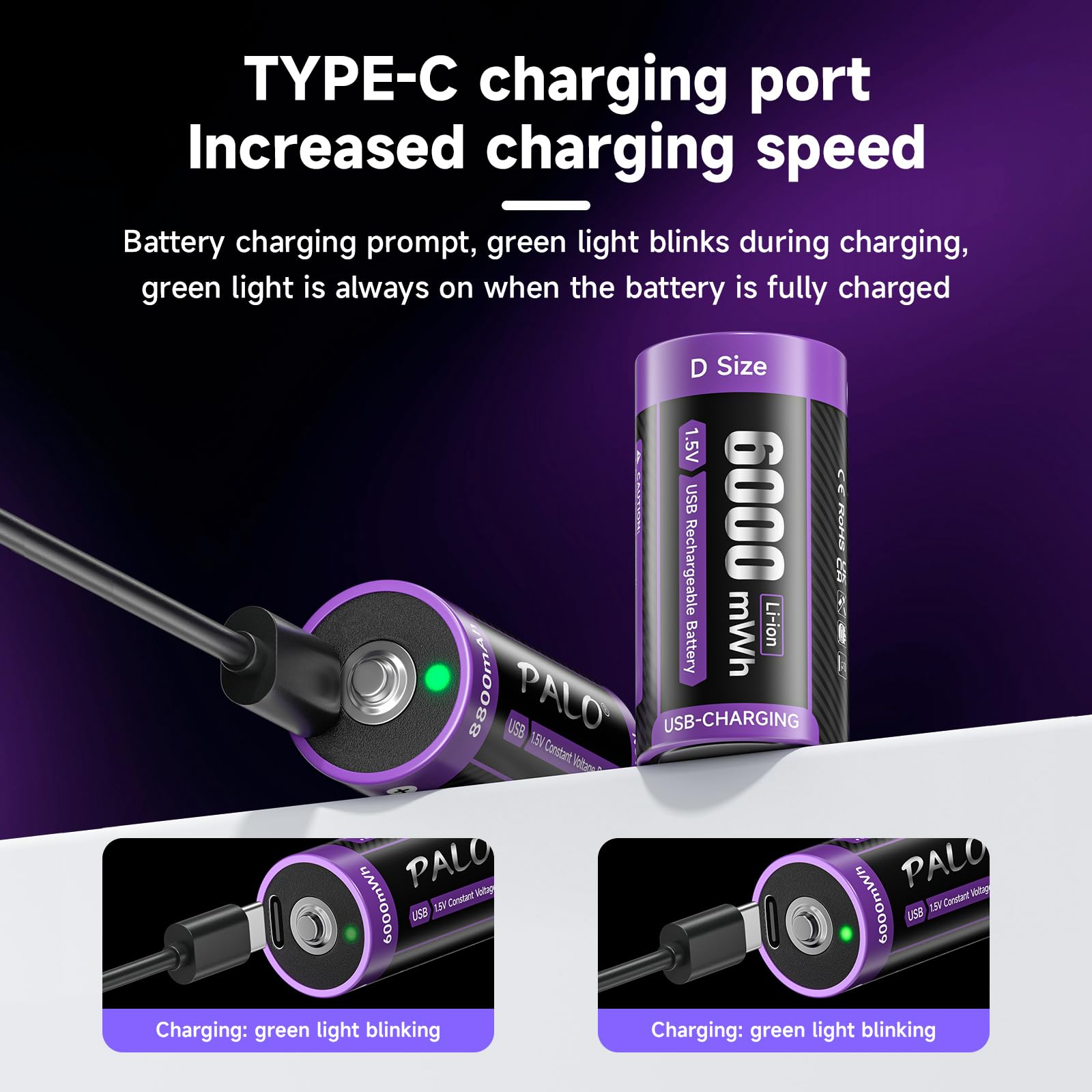 4-Pack 1.5V Lithium C Rechargeable Batteries - 6000mWh Li-ion C Cell Batteries with 2-in-1 USB-C Charging Cable | Long-Lasting Power for Flashlights, Toys, Clocks & Office Electronics | Household & Commercial Use