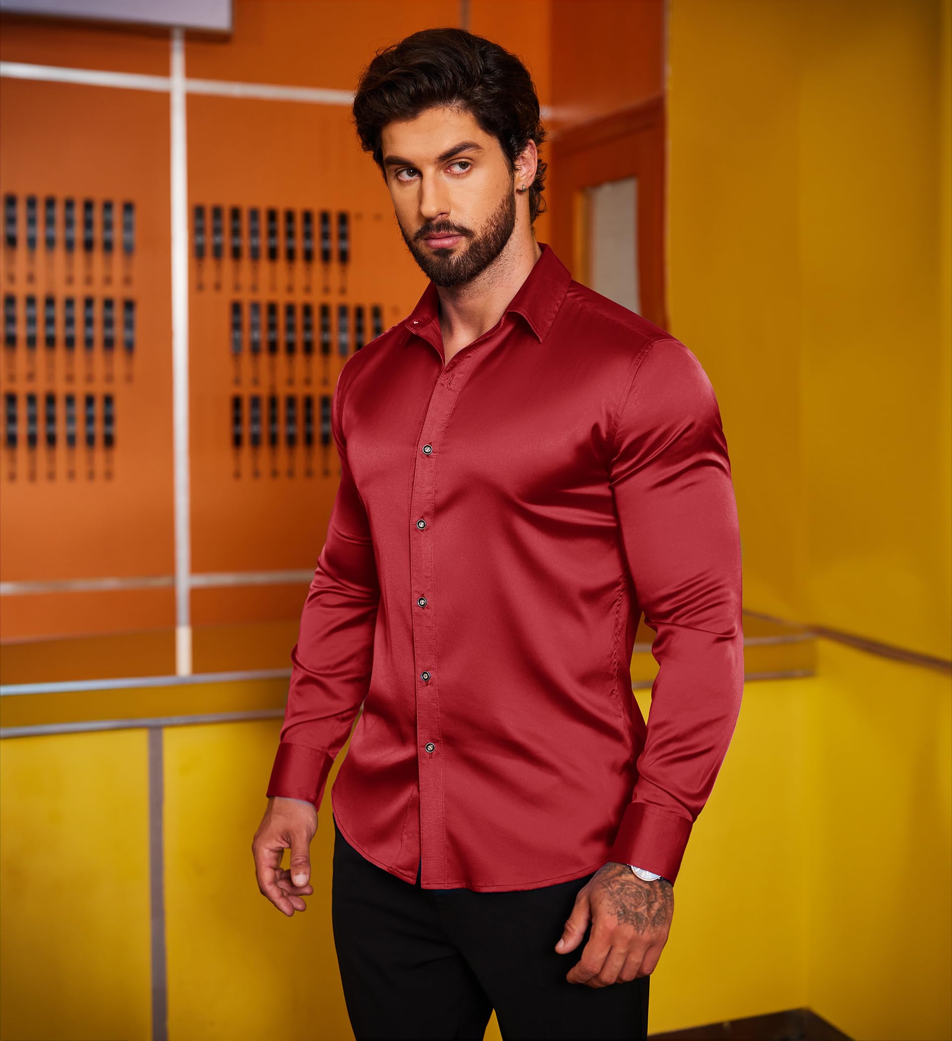 COOFANDY Men's Silk Satin Dress Shirt - Jacquard Long Sleeve Floral Button Up Shirt for Wedding, Prom, Party & Formal Occasions | Elegant Business & Evening Wear
