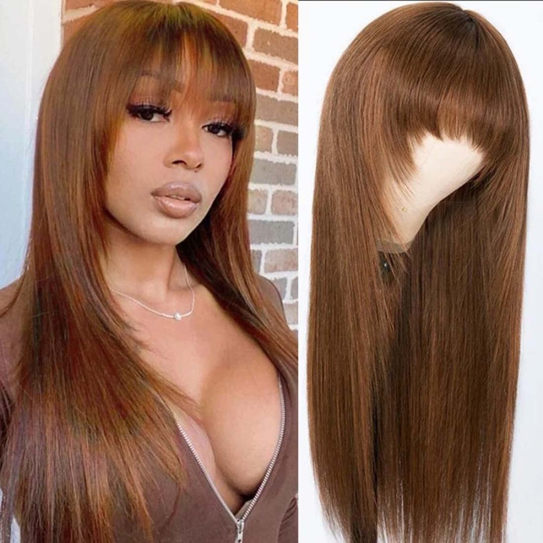 Beauty Forever #4 Chocolate Brown Straight Human Hair Wig with Bangs - 150% Density 24 Inch Glueless Machine Made Full Wig | Affordable Layered Cut for Daily Wear, Cosplay & Fashion Styling