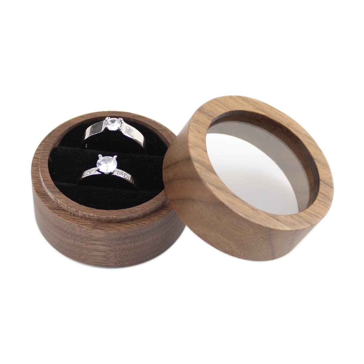 Round Wooden Jewelry Ring Box with Transparent Lid - 2 Slot Engagement Wedding Ring Holder with Black Velvet Lining - Perfect for Proposals, Anniversaries & Gift Giving
