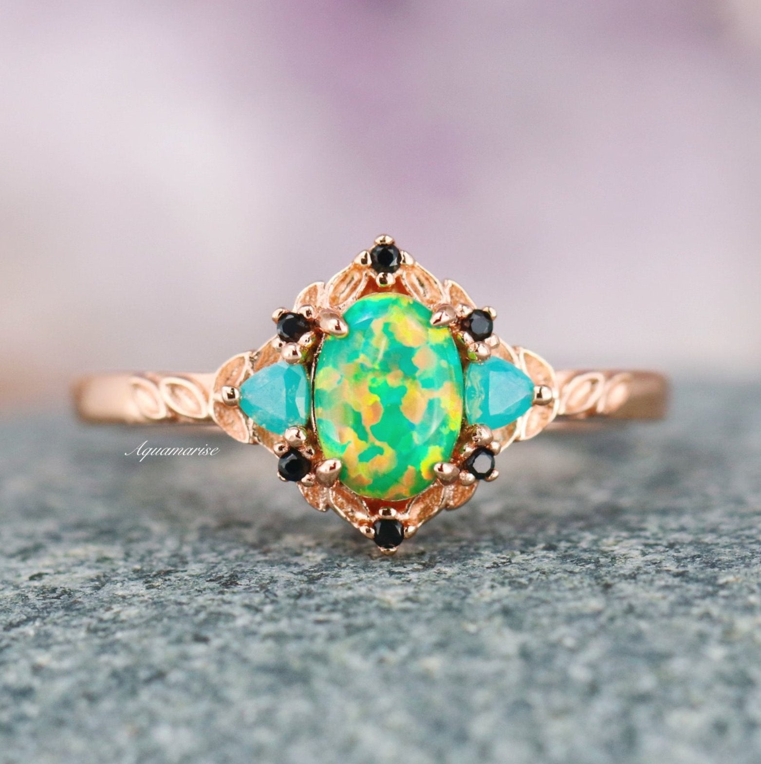 14K Rose Gold Vermeil Green Fire Opal & Opalescent Sapphire Leaf Ring - Elegant Nature-Inspired Jewelry for Women, Perfect for Weddings, Parties & Special Occasions