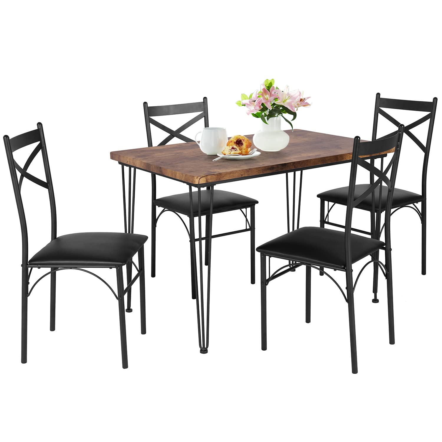 VECELO 5-Piece Kitchen Dining Set - Farmhouse Style Table & Chairs for Small Spaces, Breakfast Nook, Dinette - Rustic Brown Finish | Perfect for Apartments, Condos & Cozy Homes