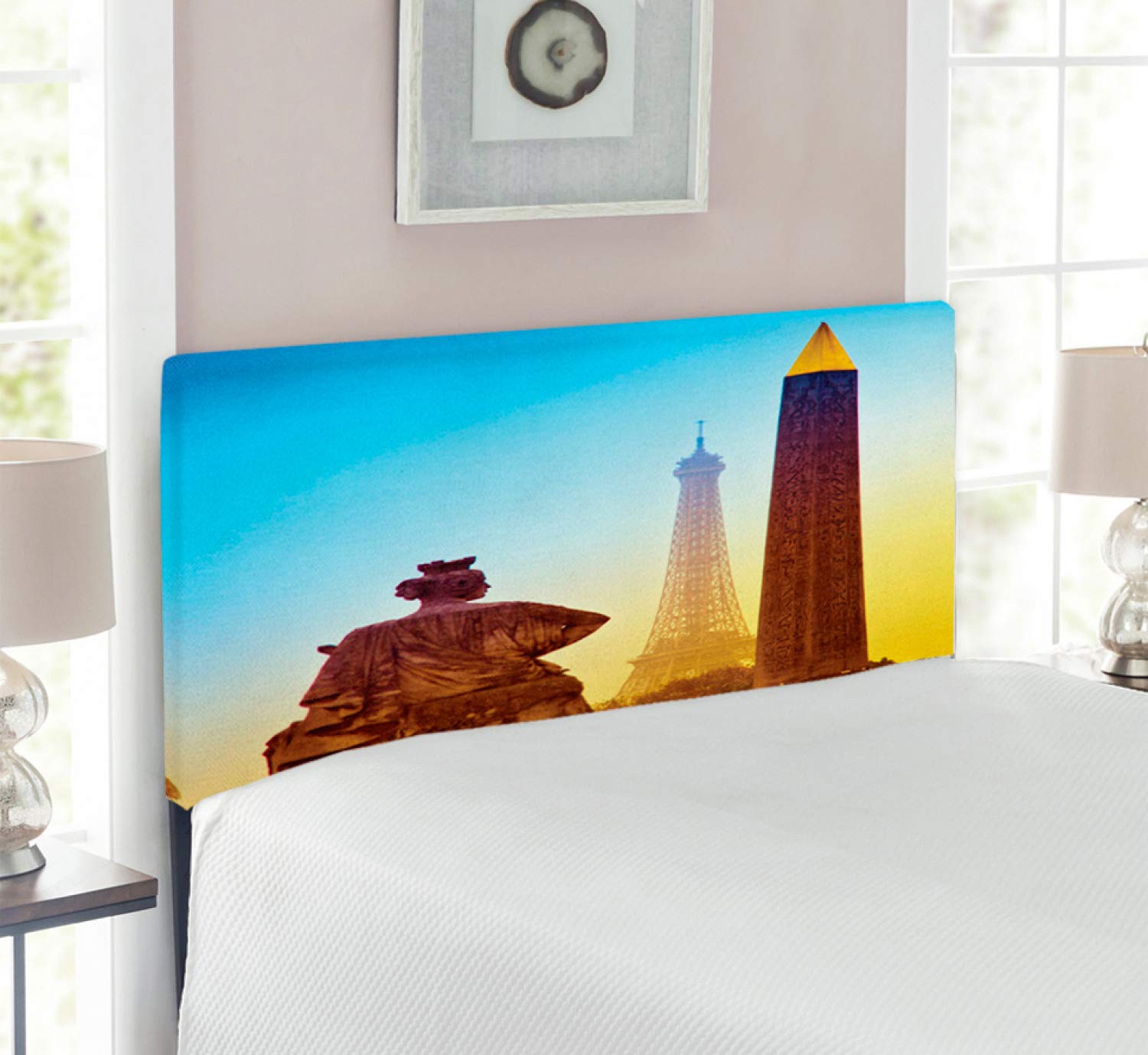 Ambesonne Eiffel Tower Upholstered Headboard - Twin Size Metal Bed Frame with Memory Foam, Parisian Themed Caramel Yellow & Blue Decor | Perfect for French-Themed Bedrooms, Guest Rooms & Paris Lovers