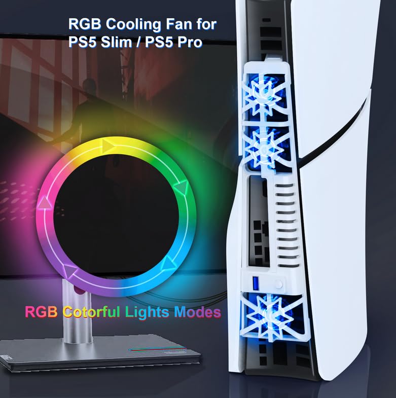 High-Speed Cooling Fan for PS5 Slim with LED Lights - Adjustable 3-Speed Quiet Cooling System - Enhanced Cooling Performance for PlayStation 5 Slim (Disc & Digital Edition) - Perfect for Gaming Marathons & Hot Weather Use (Black)