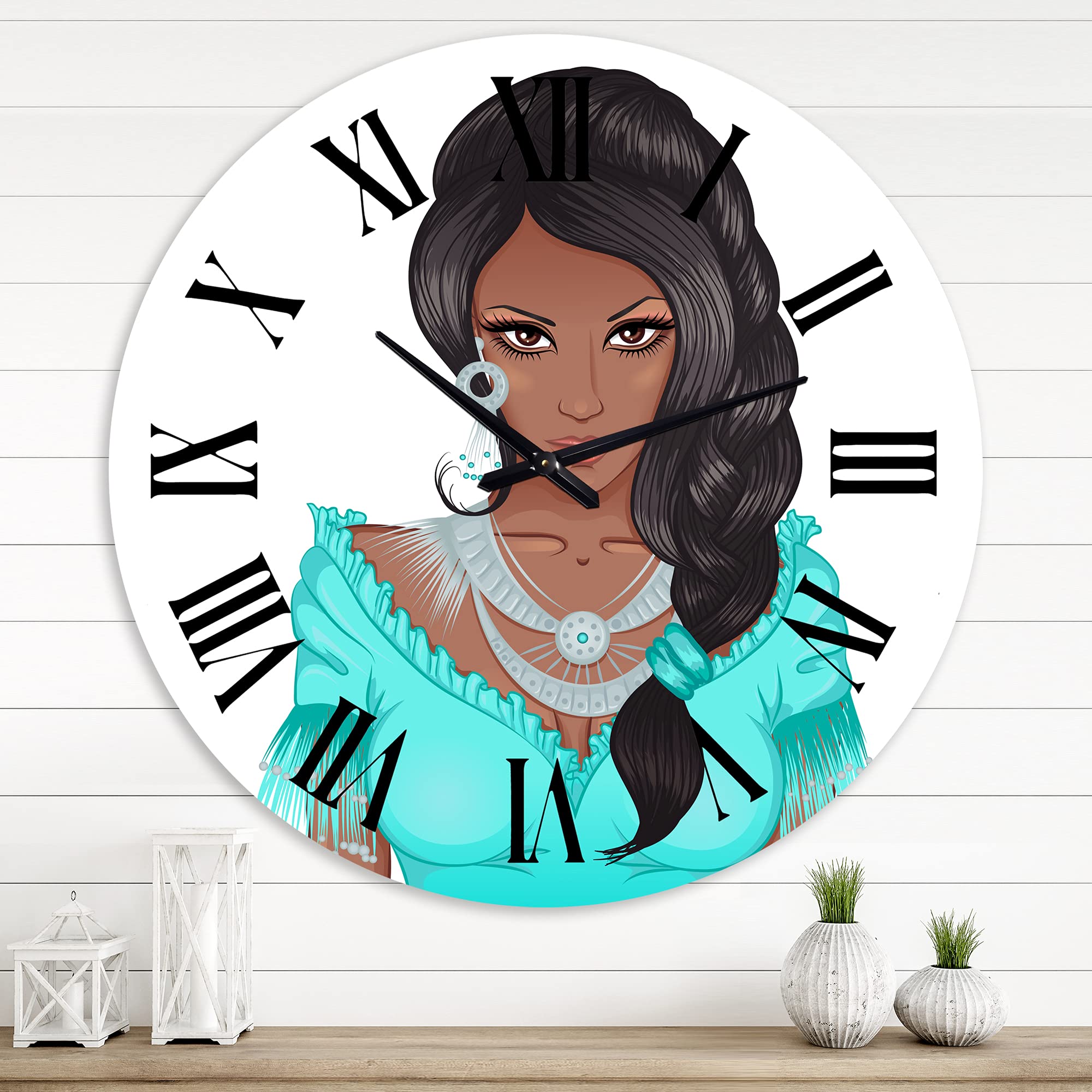 DesignQ Modern Wall Clock - Portrait of African American Woman XVI - Large Decorative Wall Clock for Home & Office - Perfect for Living Room, Bedroom, and Workspace Decor