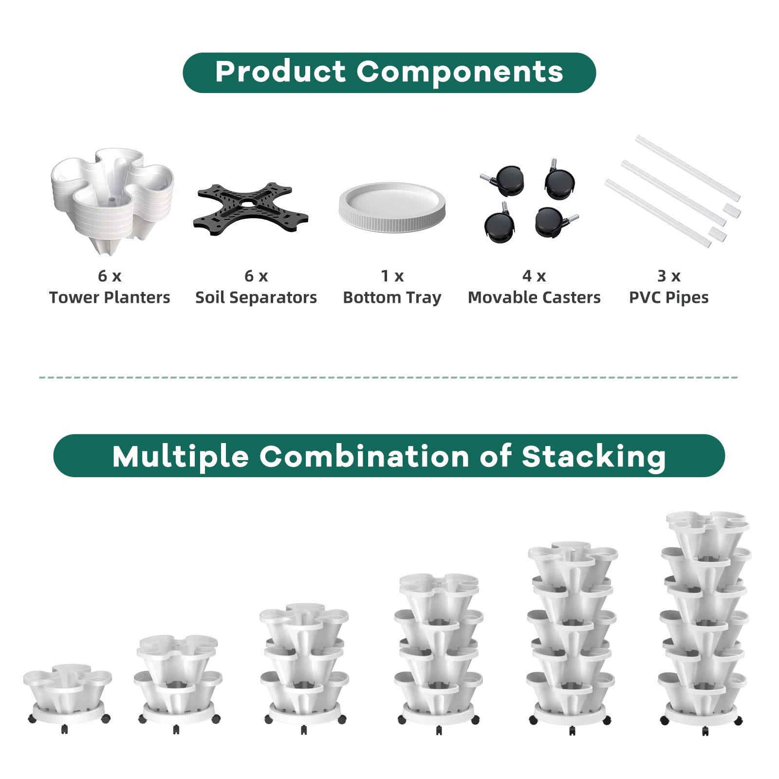 6 Tier Stackable Strawberry Planter with Support Pole - Vertical Garden Tower for Herbs, Vegetables, Fruits - Indoor & Outdoor Use (White) | Perfect for Small Spaces, Balconies, Patios & Urban Gardening