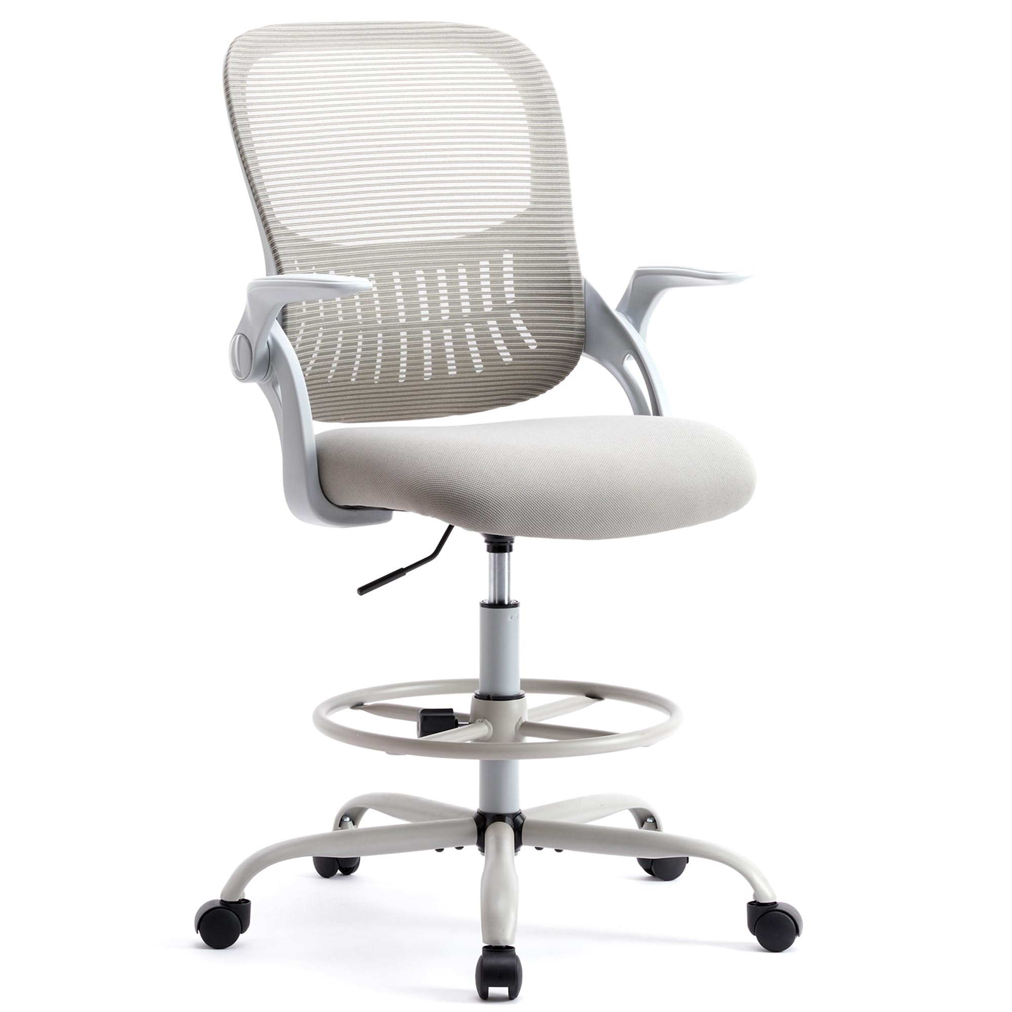Ergonomic Drafting Chair with Flip-Up Armrests & Adjustable Footrest - High Desk Chair with Lumbar Support & Height Adjustment - Perfect for Artists, Architects & Office Workstations (Gray)