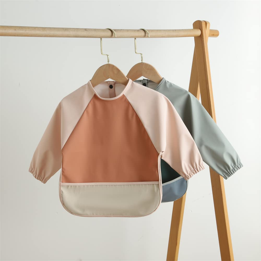 GZMM Waterproof Baby Bibs for Infants & Toddlers - Long Sleeve Feeding Bib with Food Catcher - Easy to Wipe Clean & Machine Washable - Perfect for Messy Mealtime, Baby Led Weaning & On-the-Go Feeding