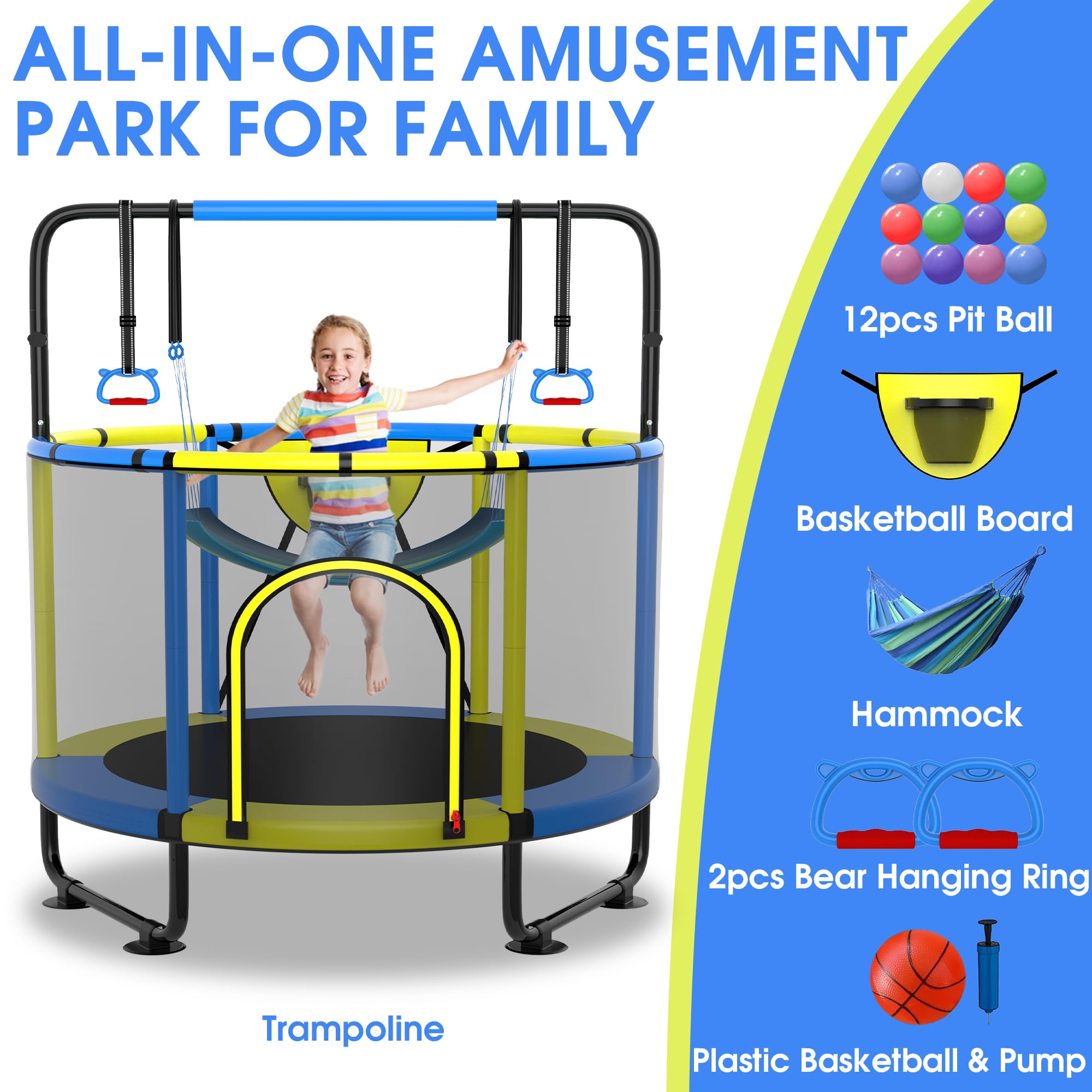 SKYUP 4.5/5/5.5FT Kids Trampoline with Safety Net - 400LB Capacity Toddler Trampoline Set with Swing, Adjustable Gymnastics Bars & Basketball Hoop - Indoor/Outdoor Mini Trampoline for Boys & Girls Ages 1-8 | Perfect Birthday Gift & Backyard Play Equipment