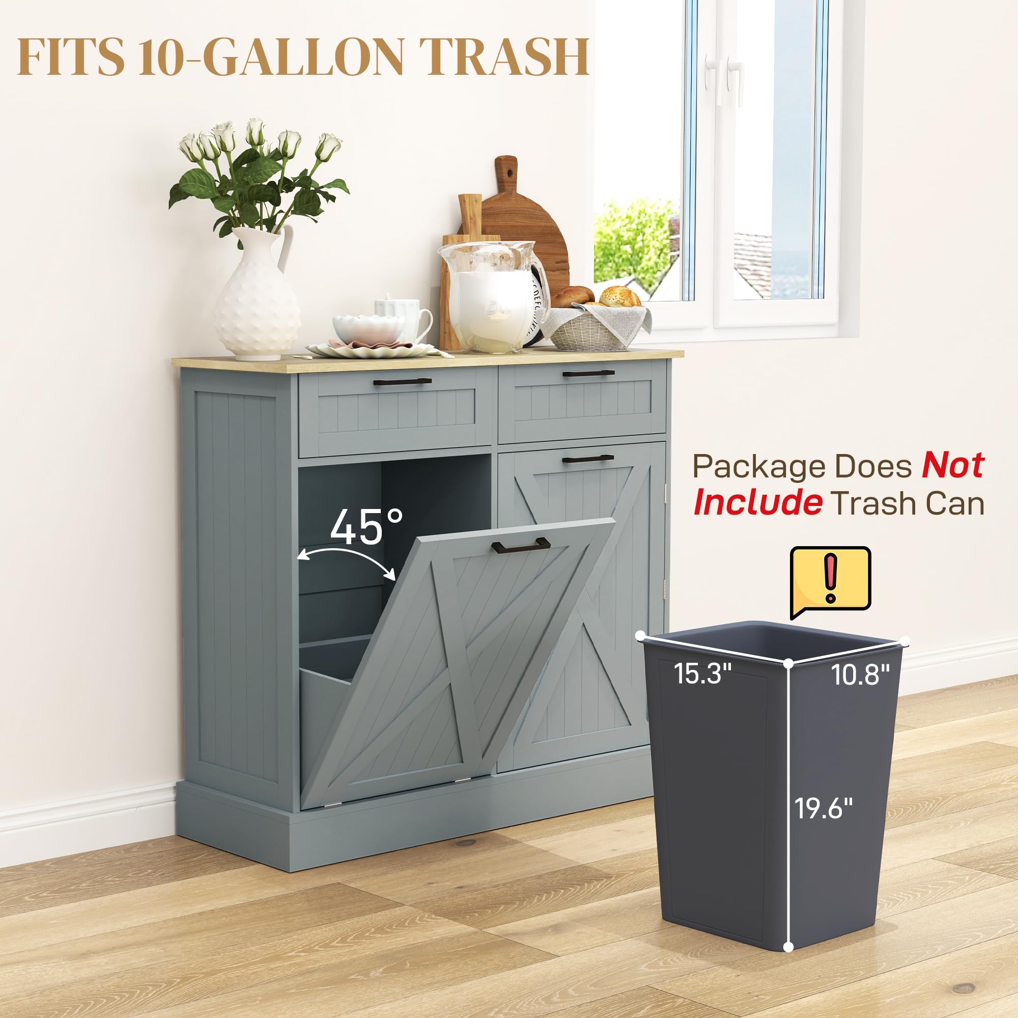 HOMCOM 10 Gallon Tilt-Out Trash Can Cabinet - Farmhouse Style Kitchen Storage with Hidden Trash Bin & 2 Drawers - Perfect for Laundry Room, Pantry, or Kitchen Organization (Gray)
