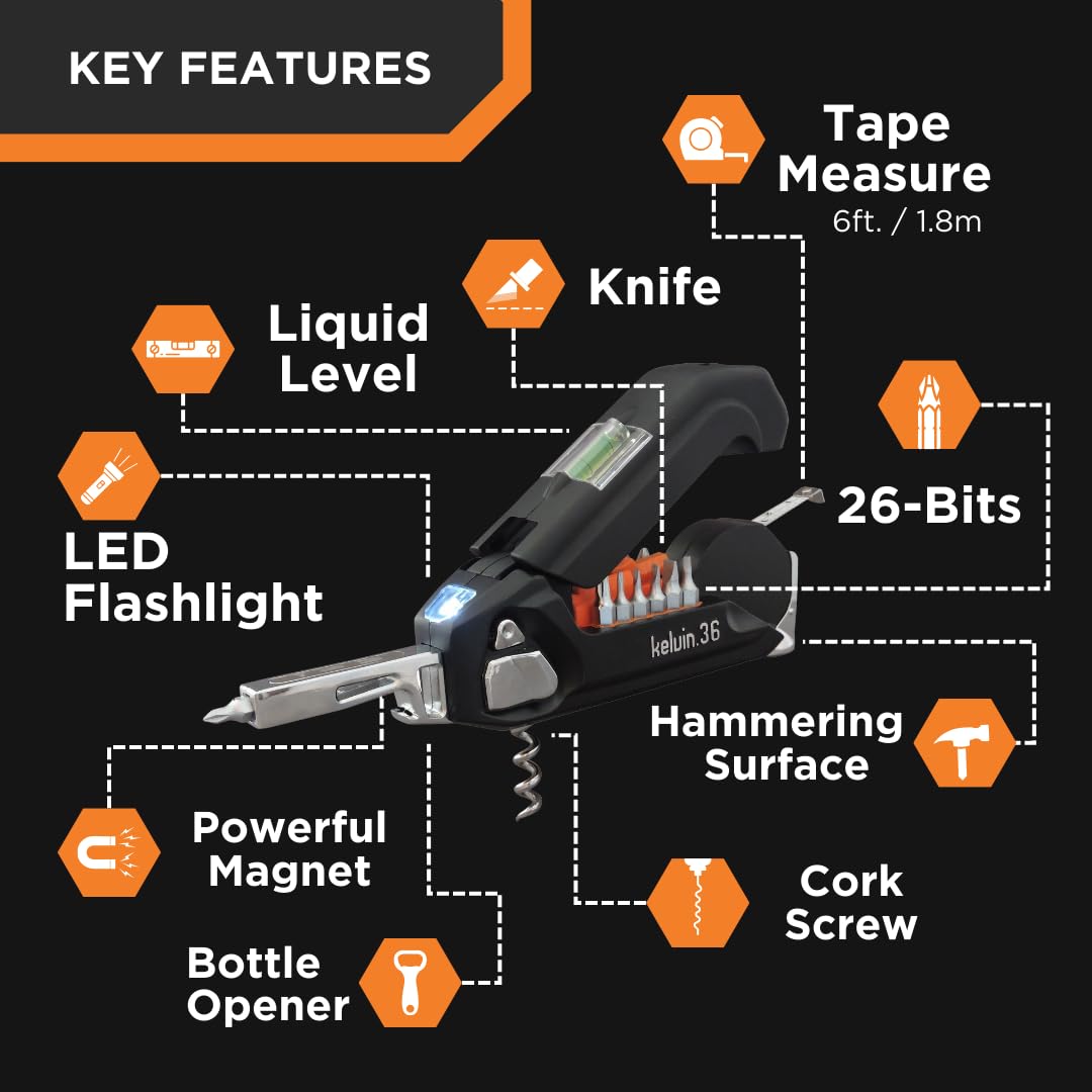**Kelvin Tools K-36 Multi-Tool Set - 36-in-1 Professional Tool Kit with 26 Bit Screwdriver, Tape Measure & Corkscrew (Black) - Perfect for Home Repairs, Camping, and DIY Projects**