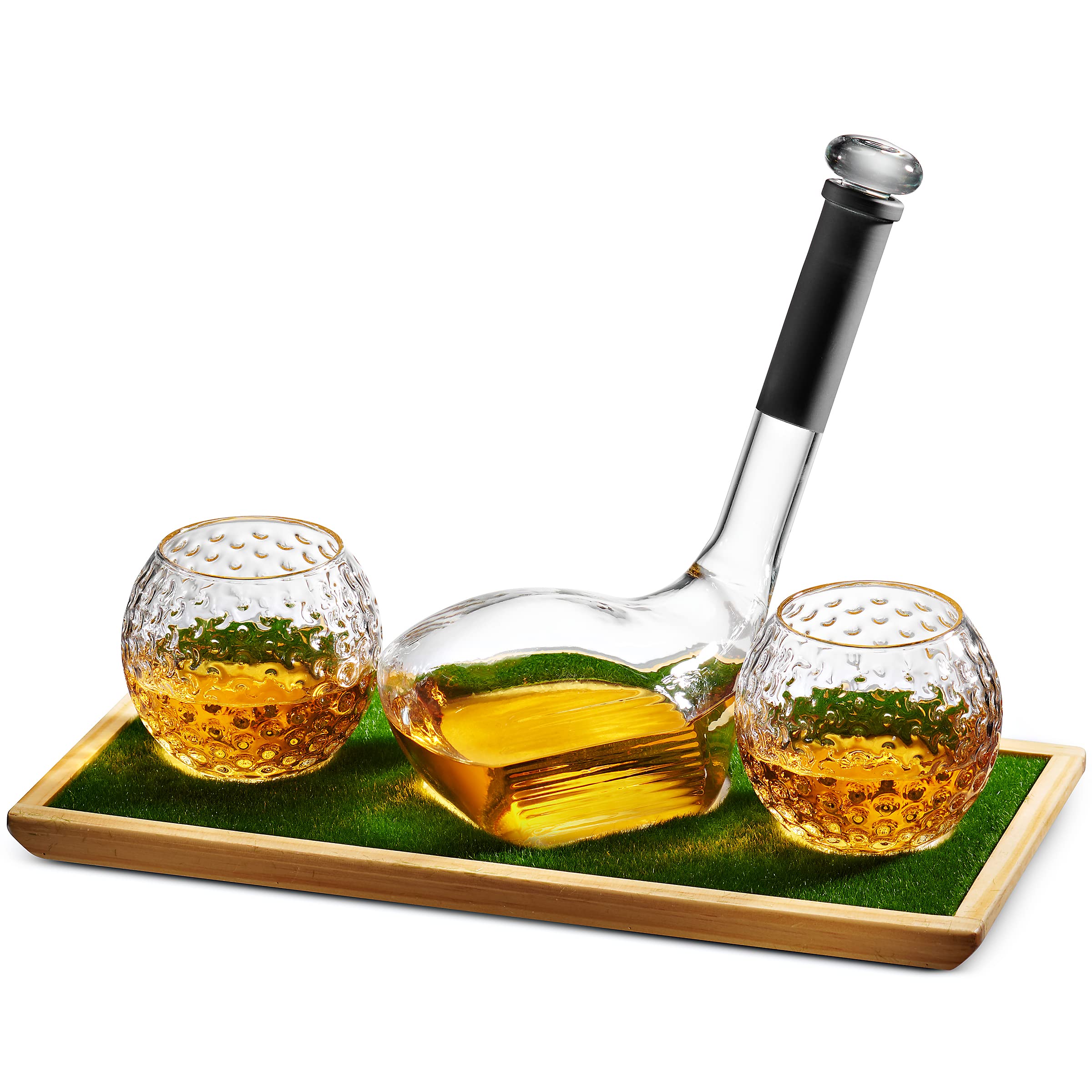 Godinger Whiskey Decanter Set with Golf Club Design & 2 Golf Ball Whiskey Glasses - Premium Liquor Decanter Gift for Men - Perfect for Golf Lovers, Home Bars & Special Occasions