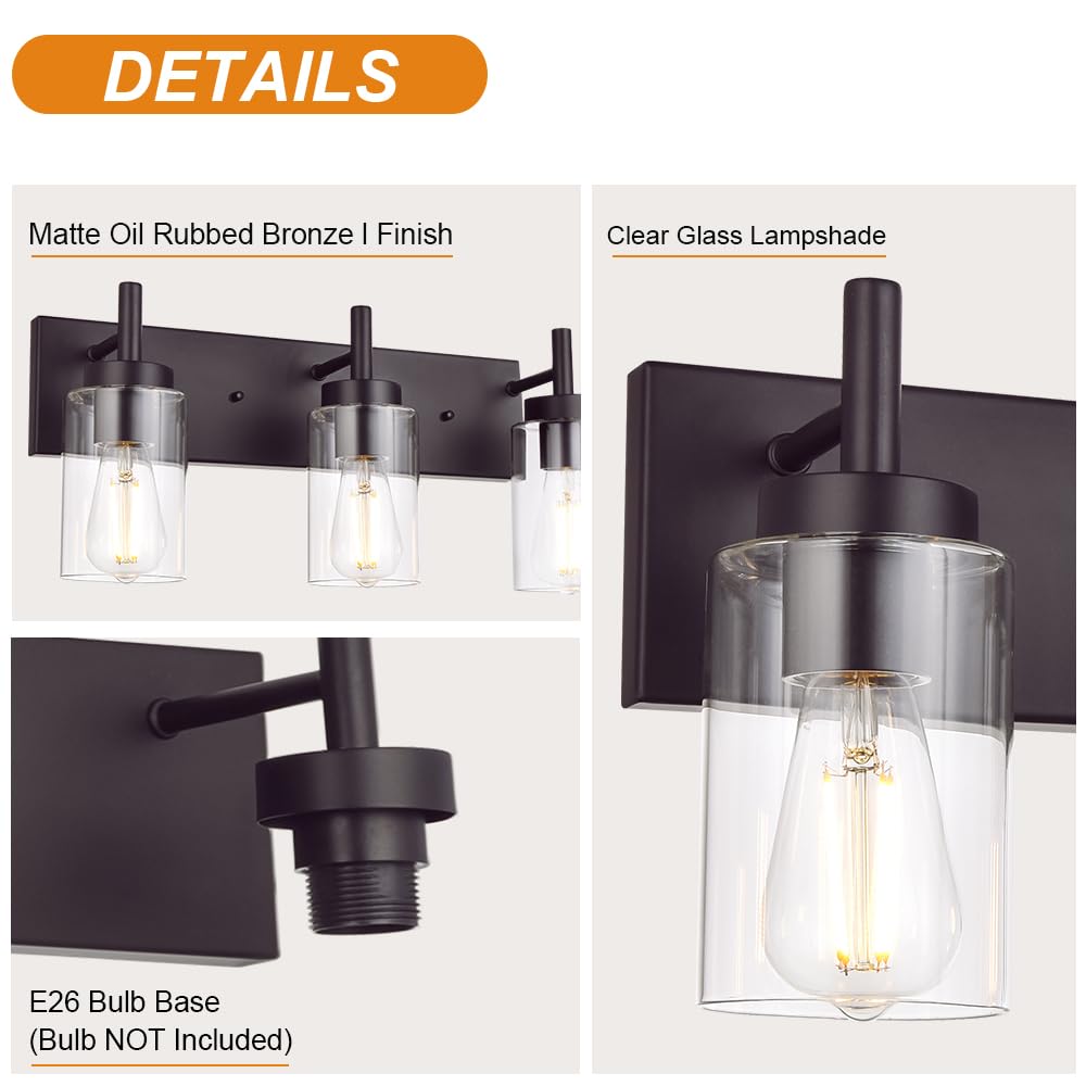 VINLUZ Oil Rubbed Bronze 3-Light Vanity Bathroom Wall Sconce - Rustic Vintage Lighting Fixture with Clear Glass Shade - Perfect for Bathroom, Bedroom, Porch & Entryway (Patent No.: US D958,438 S)