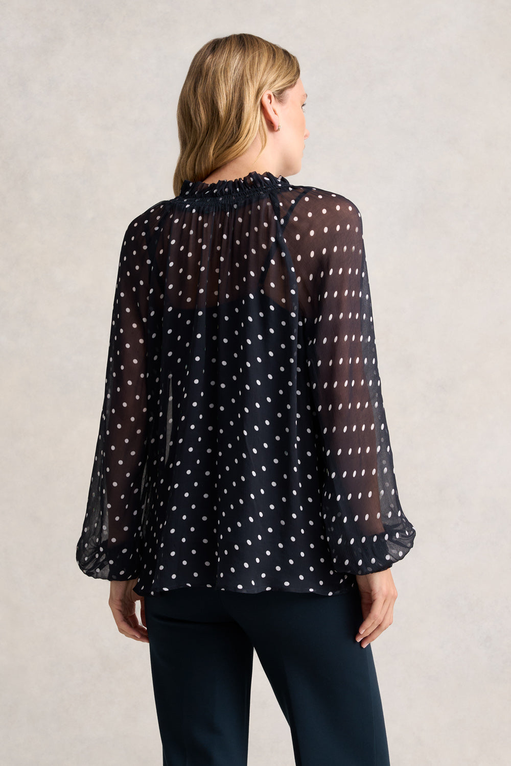 Crinkle Viscose Blouse for Women - Deep Navy Spot Print - Elegant Long Sleeve Tops for Work, Party & Casual Wear
