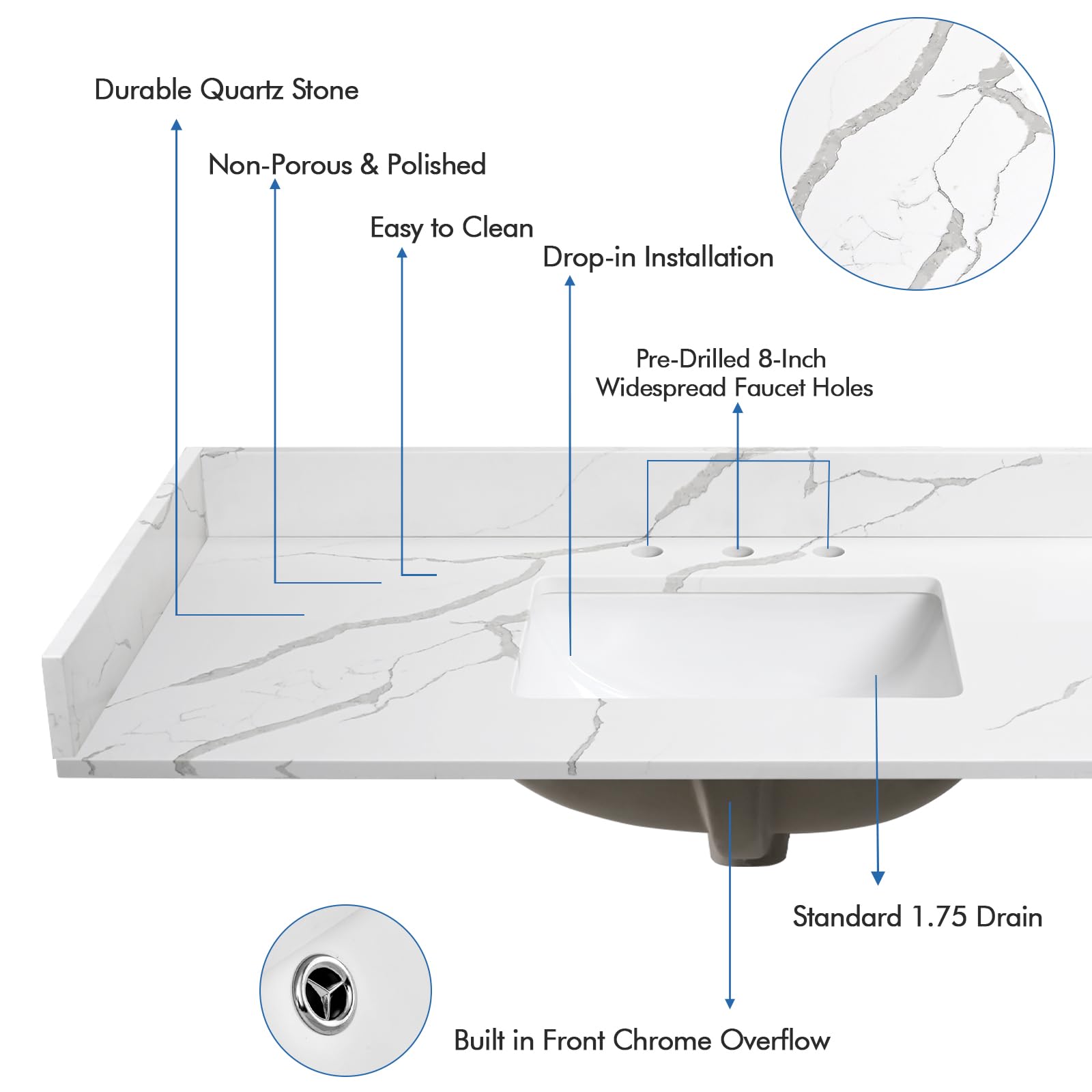 Calacatta Quartz Vanity Top with Sink - 48