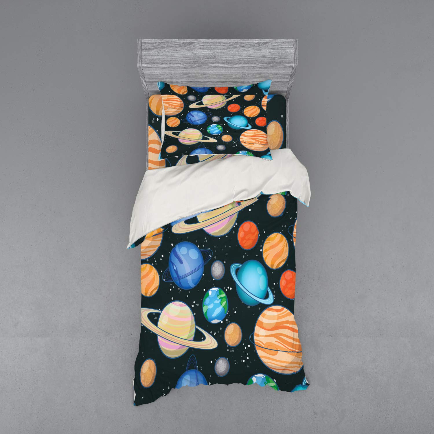 Ambesonne Galaxy Bedding Set - Solar System Planets Print Duvet Cover with Sham & Fitted Sheet, Twin Size, Multicolor - Perfect for Space Themed Bedrooms & Astronomy Lovers