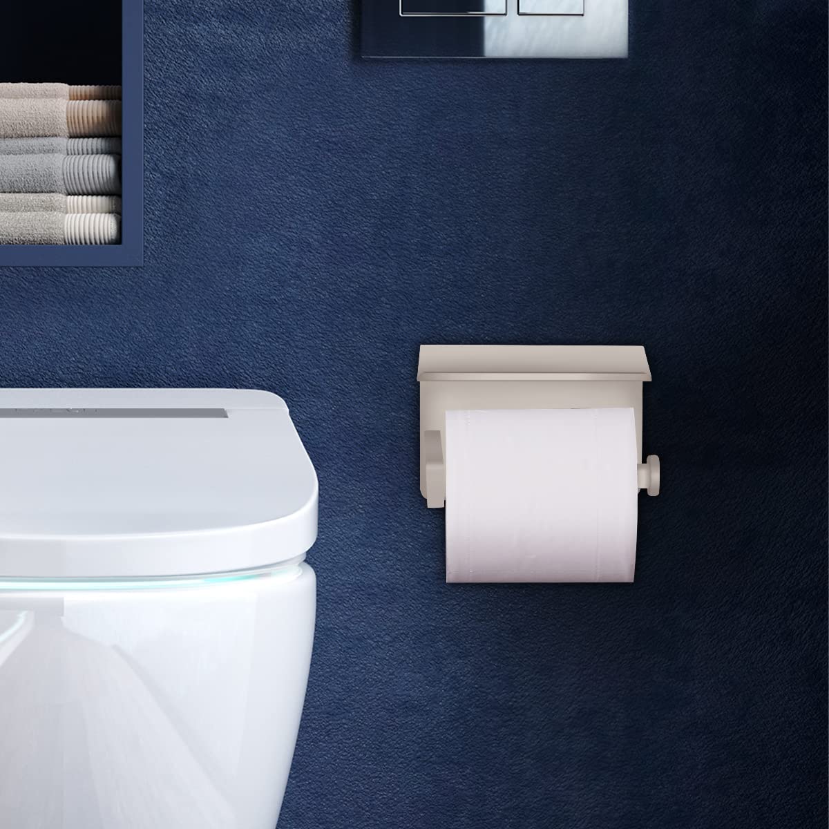 VAEHOLD Self-Adhesive Toilet Paper Holder with Phone Shelf - SUS 304 Stainless Steel Wall Mounted Bathroom Tissue Roll Holder - Rustproof & Waterproof Design - Beige - Perfect for Small Bathrooms, Powder Rooms & RVs