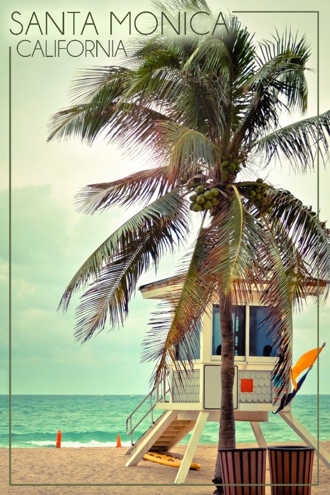Santa Monica California Lifeguard Shack & Palm Tree 24x36 Signed Art Print - Coastal Wall Decor for Beach House, Office & Living Room