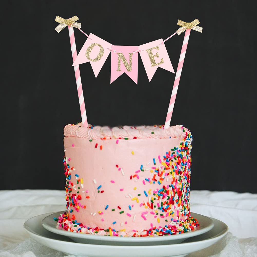 Pink and Gold 1st Birthday Cake Topper for Baby Girls - First Birthday Party Decorations, Cake Smash Banner, Paper Straw Cake Decor - Perfect for 1 Year Old Birthday Cakes, Baby Showers, and Photo Backdrops